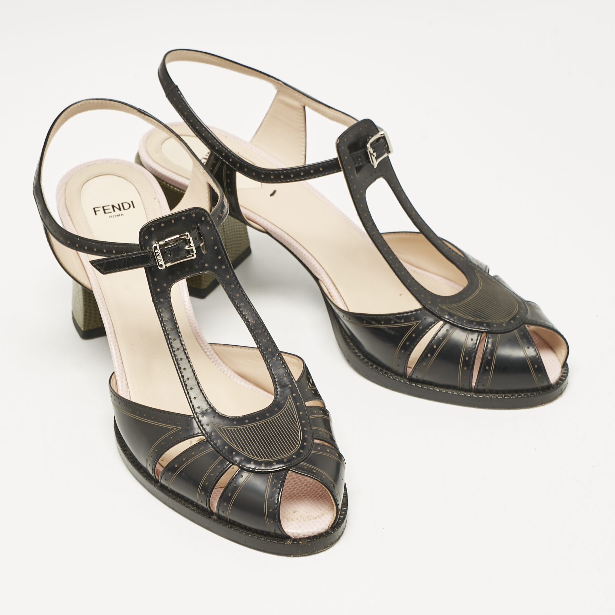 Fendi Black Leather Chameleon Block Heel Ankle Strap Sandals Size 40 