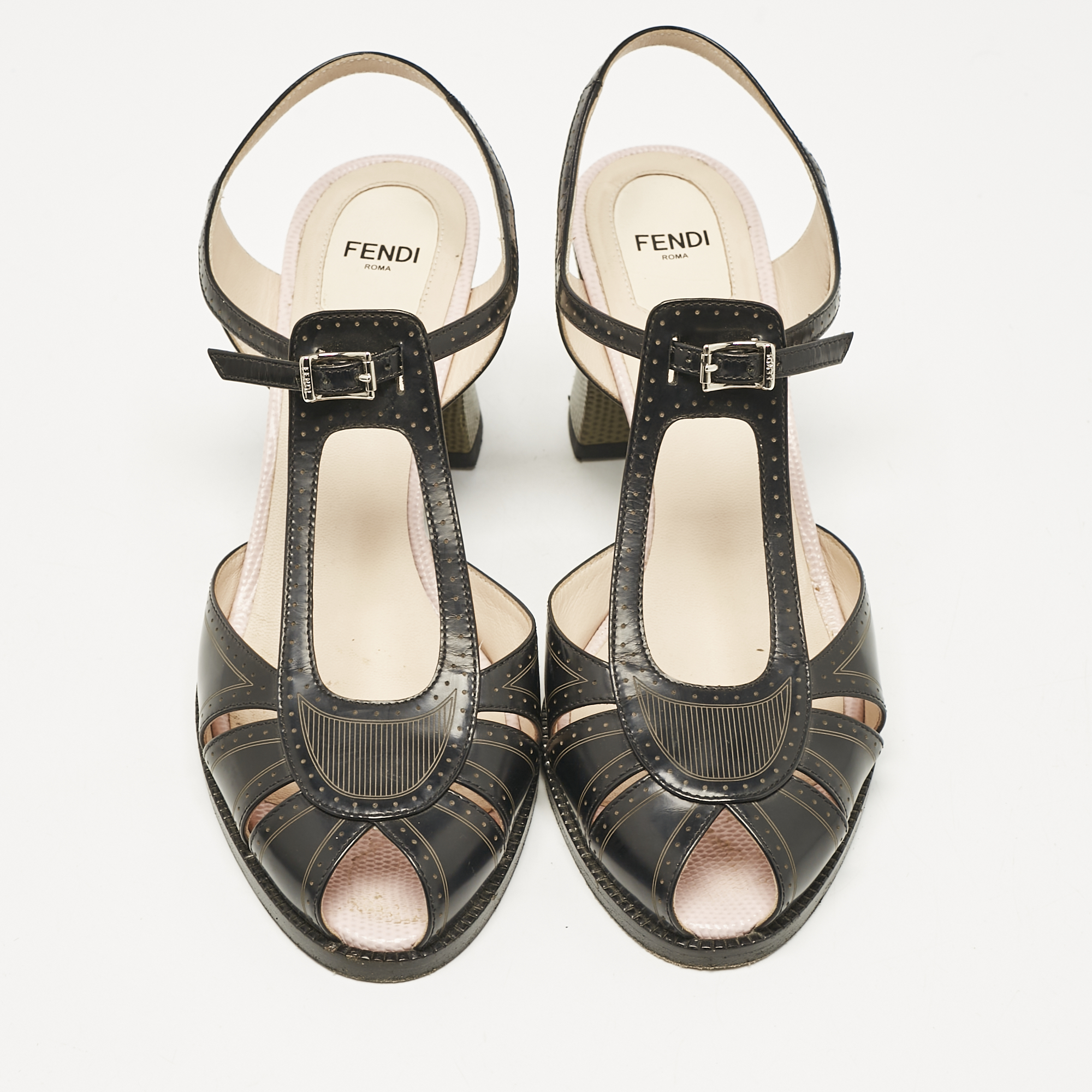 Fendi Black Leather Chameleon Block Heel Ankle Strap Sandals Size 40 