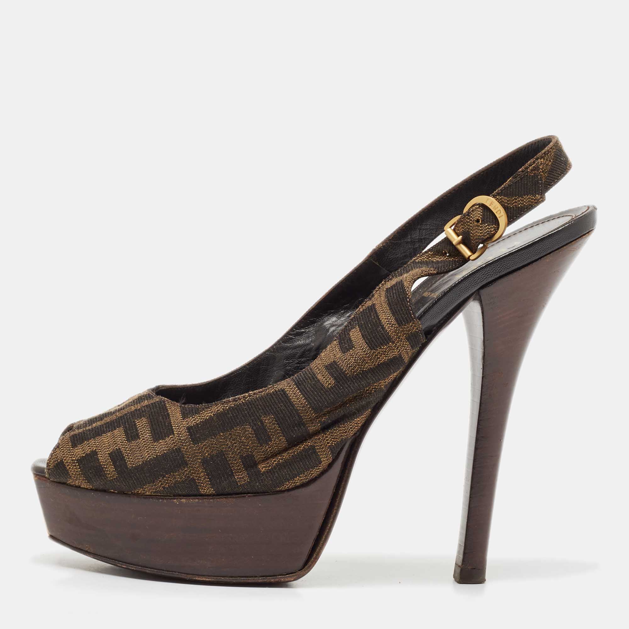 

Fendi Tobacco Zucca Canvas Fendista Platform Peep Toe Slingback Pumps Size, Brown