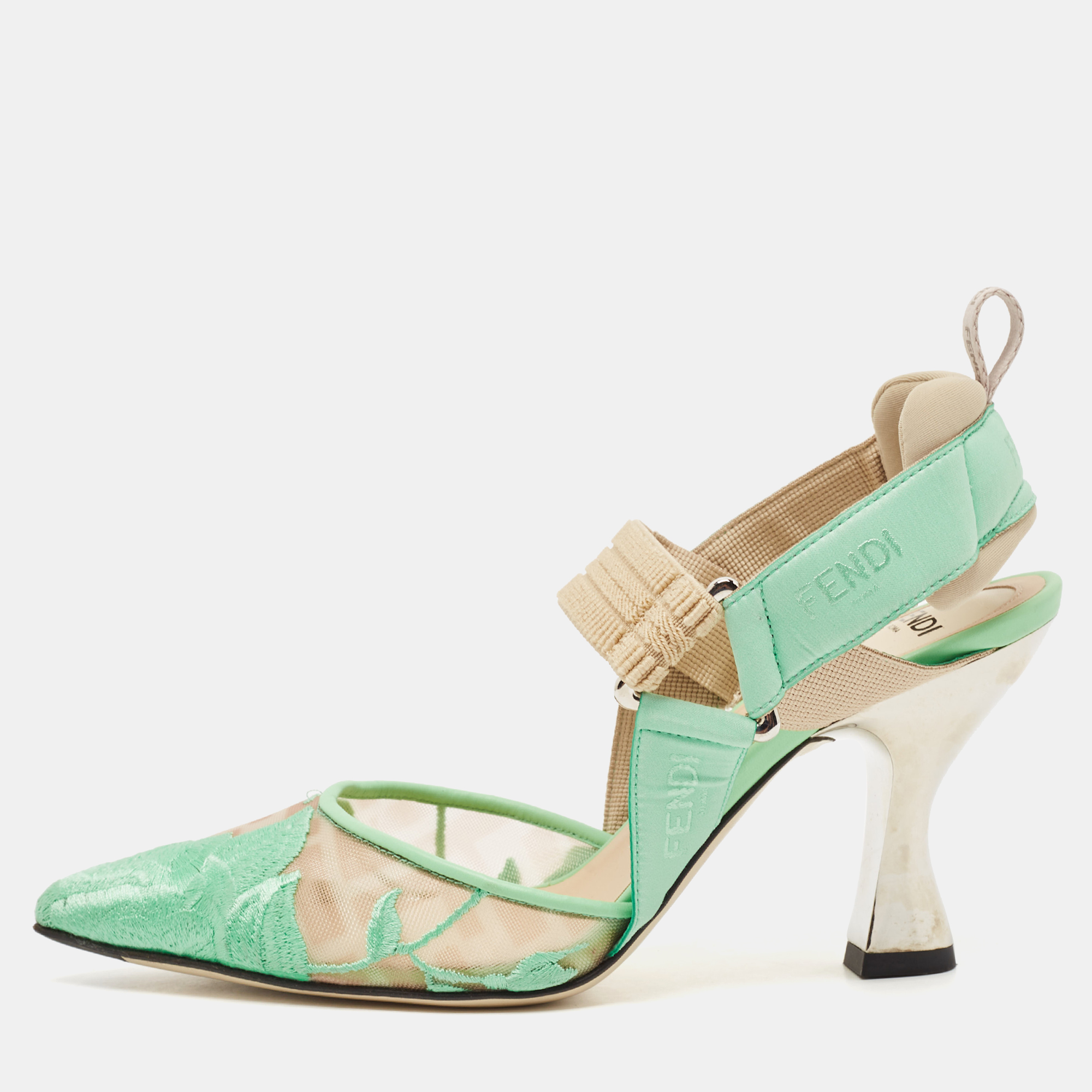 

Fendi Green Embroidery Mesh and Fabric Colibri Slingback Pumps Size