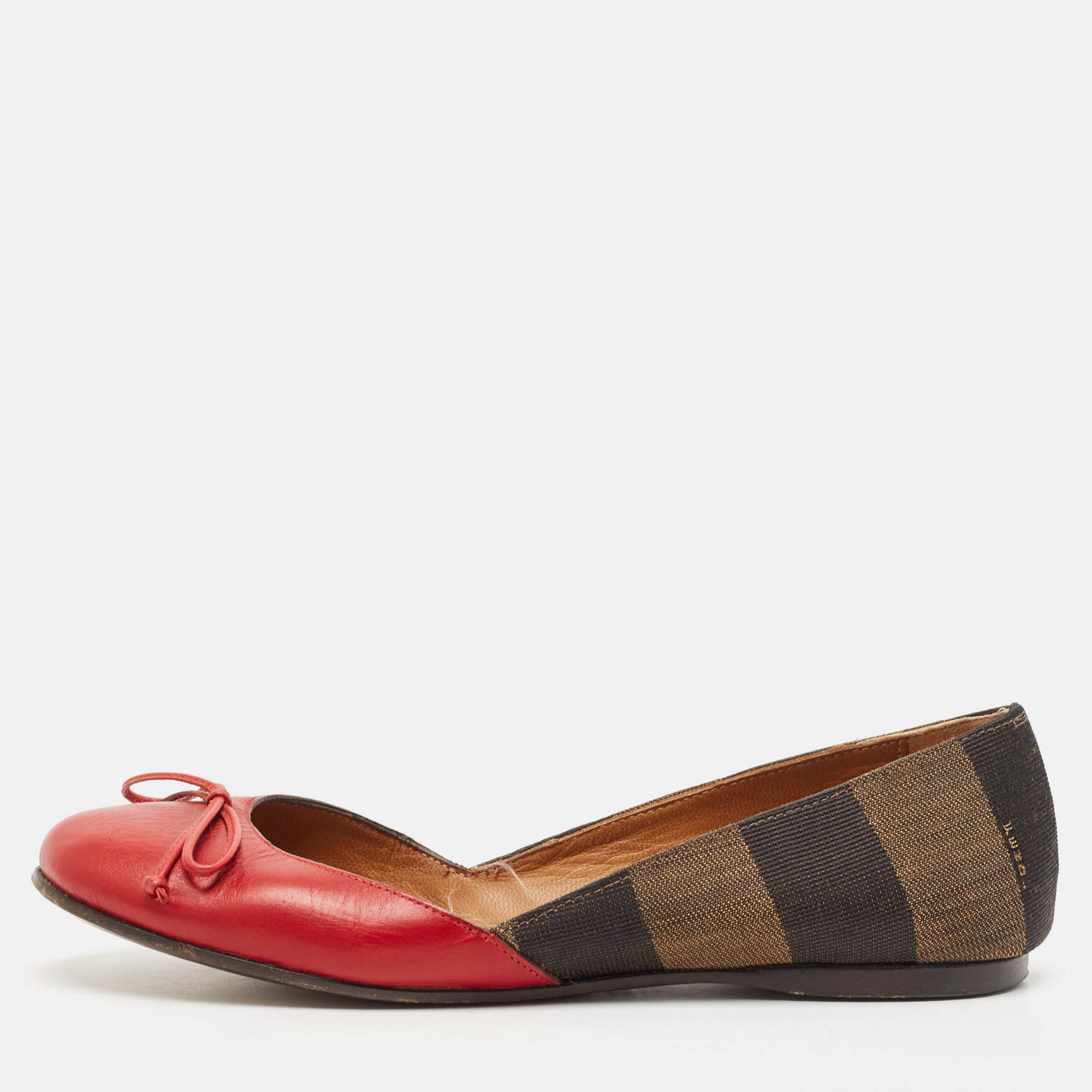 

Fendi Brown/Red Leather And Canvas Toe Ballet Flats Size