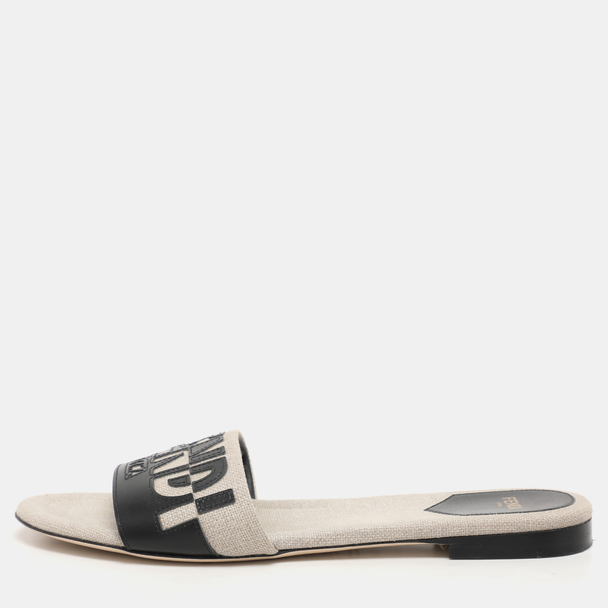 

Fendi Grey/Black Canvas and Leather FF Flat Slide Size 40