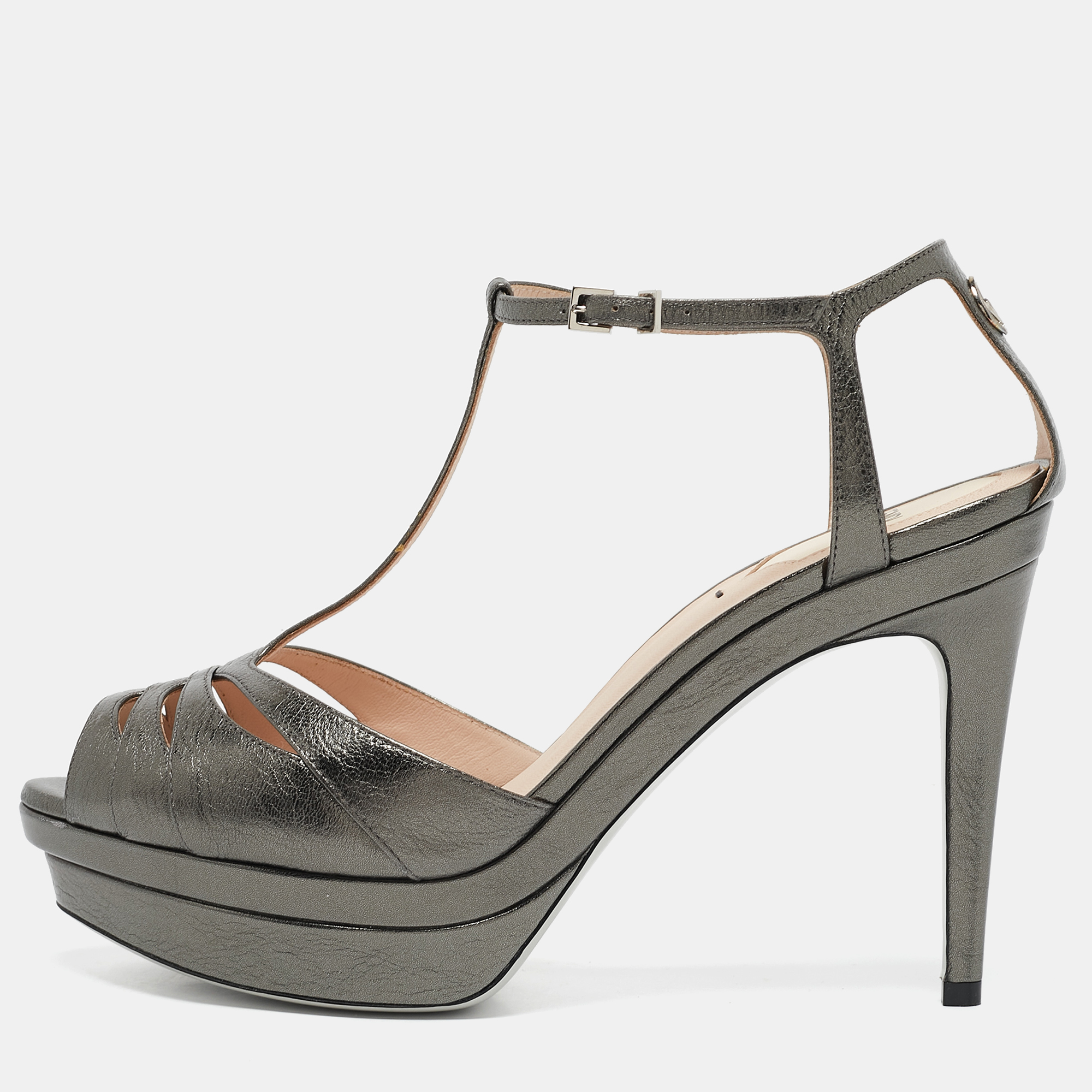 

Fendi Metallic Dark Grey Leather Platform T-Strap Sandals Size