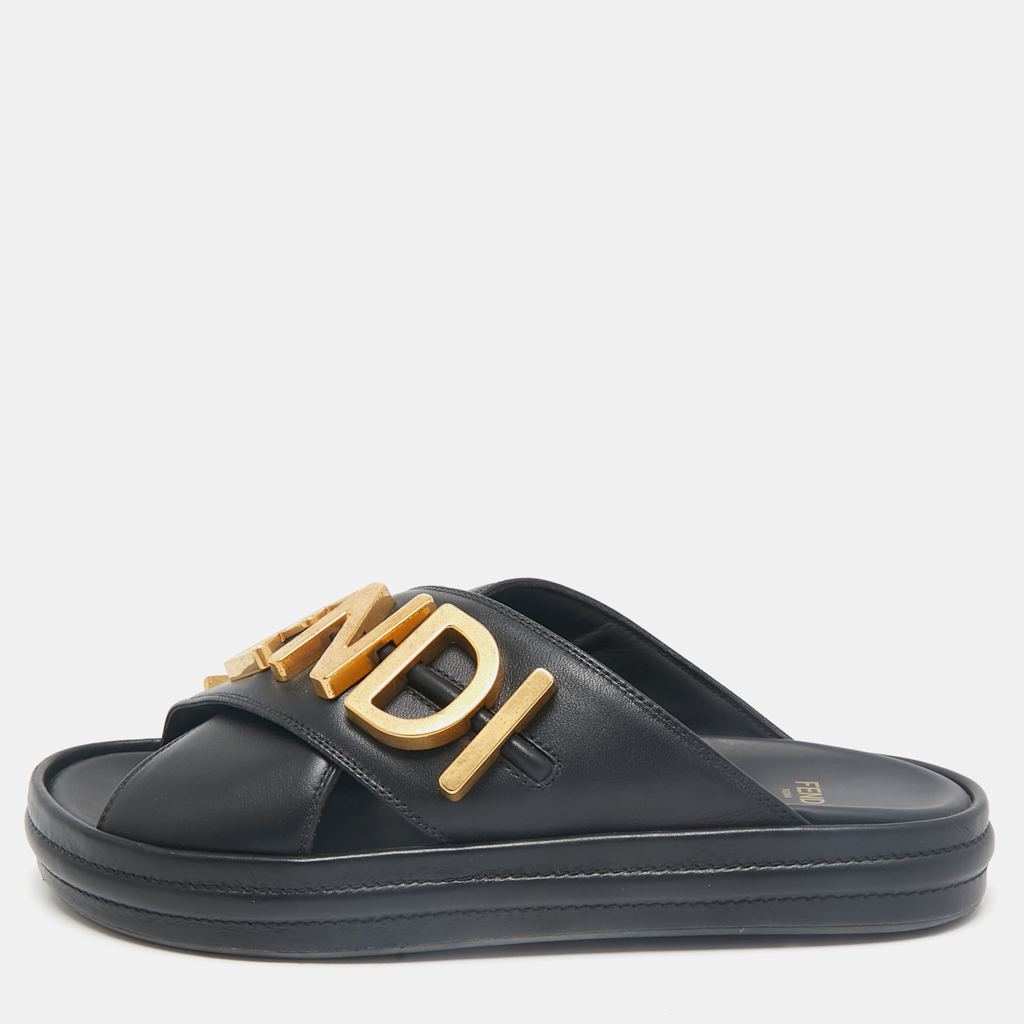 

Fendi Black Leather Fendigraphy Flat Slides Size