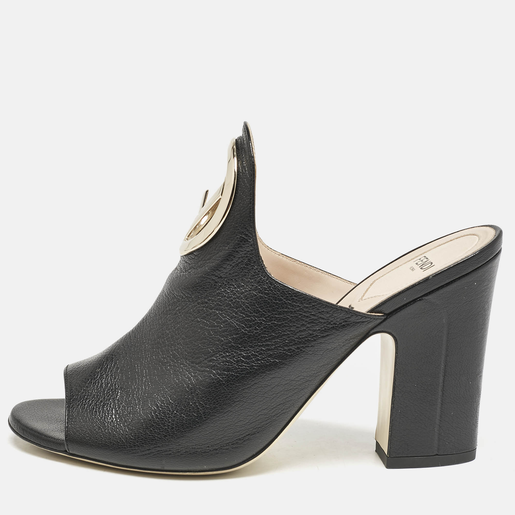 

Fendi Black Leather F Logo Mules Size