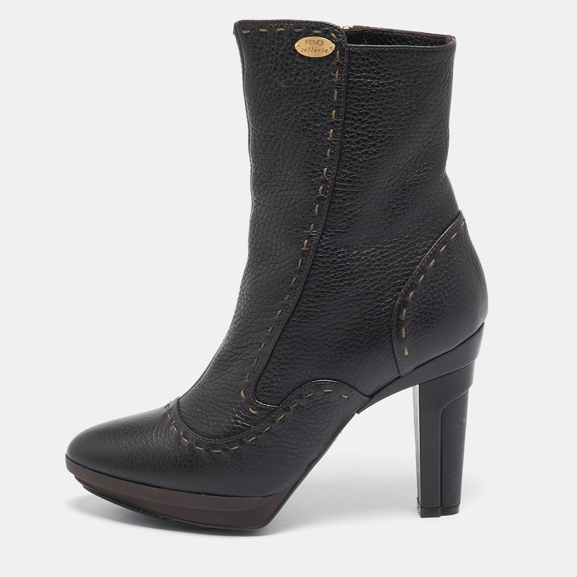

Fendi Dark Brown Selleria Leather Zip Ankle Length Boots Size