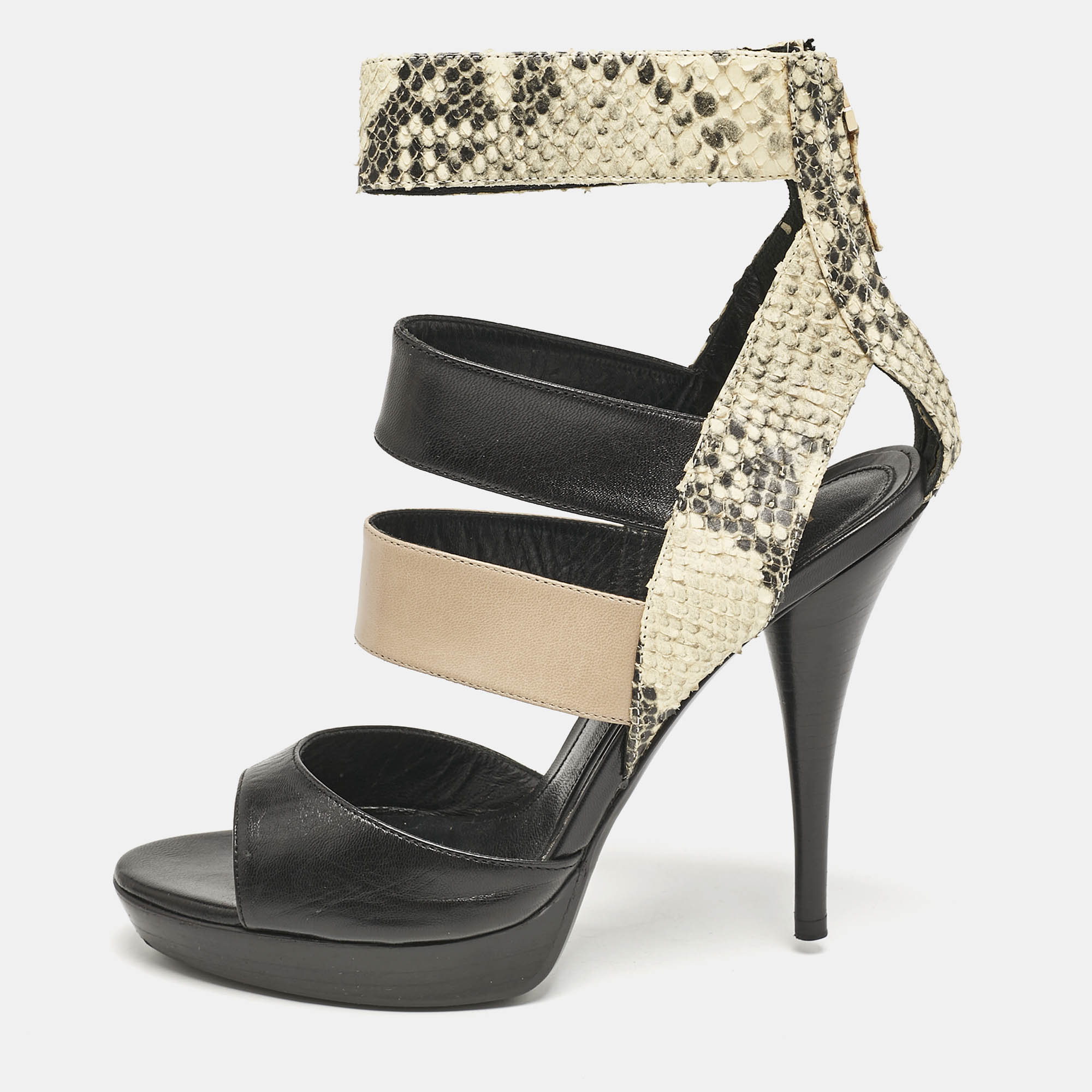

Fendi Tricolor Leather and Python Embossed Ankle Strap Platform Sandals Size, Black