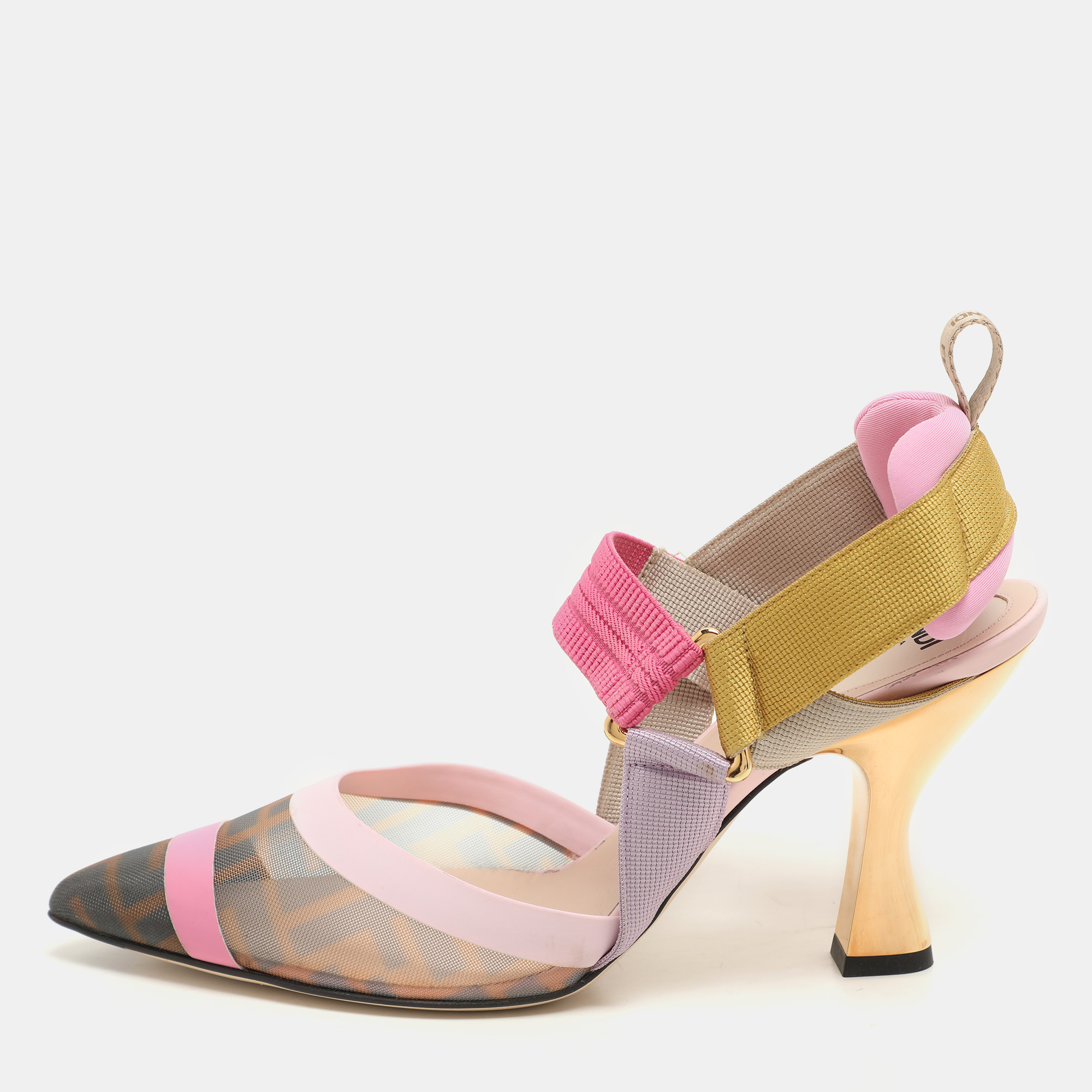 

Fendi Multicolor Mesh And Canvas Colibri Slingback Pumps Size