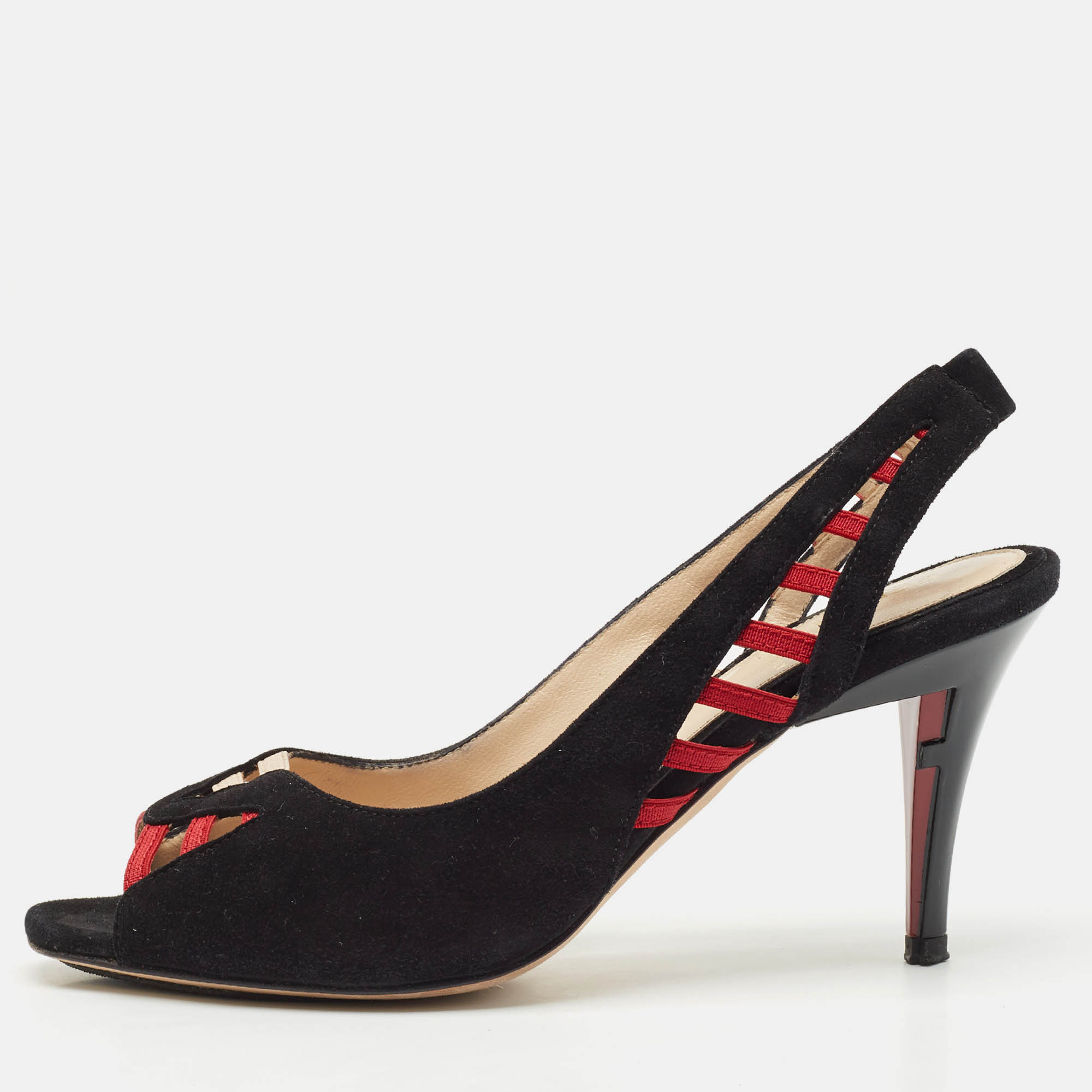 

Fendi Black/Red Suede and Grosgrain Slingback Sandals Size