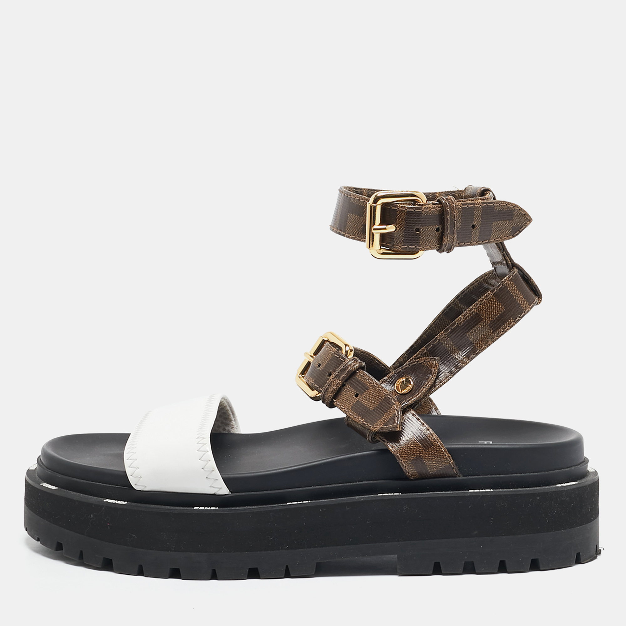 

Fendi Brown/White Zucca Coated Canvas and Fabric Platform Sandals Size