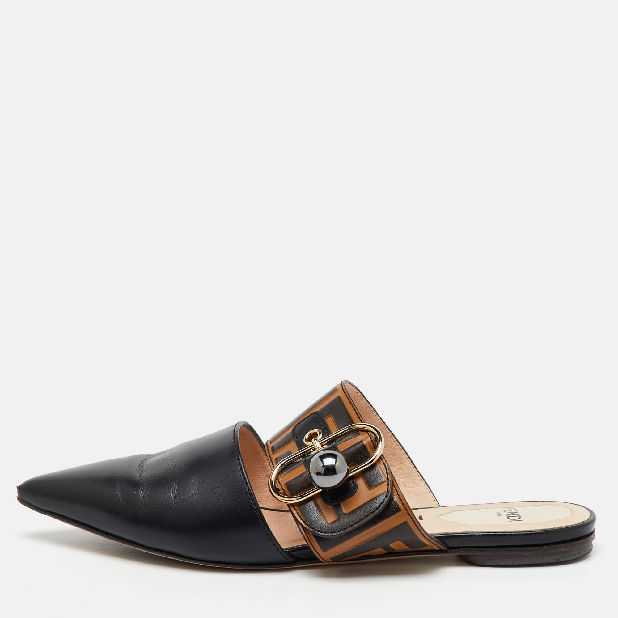 

Fendi Black/Brown Zucca Leather Pointed Toe Flat Mules Size