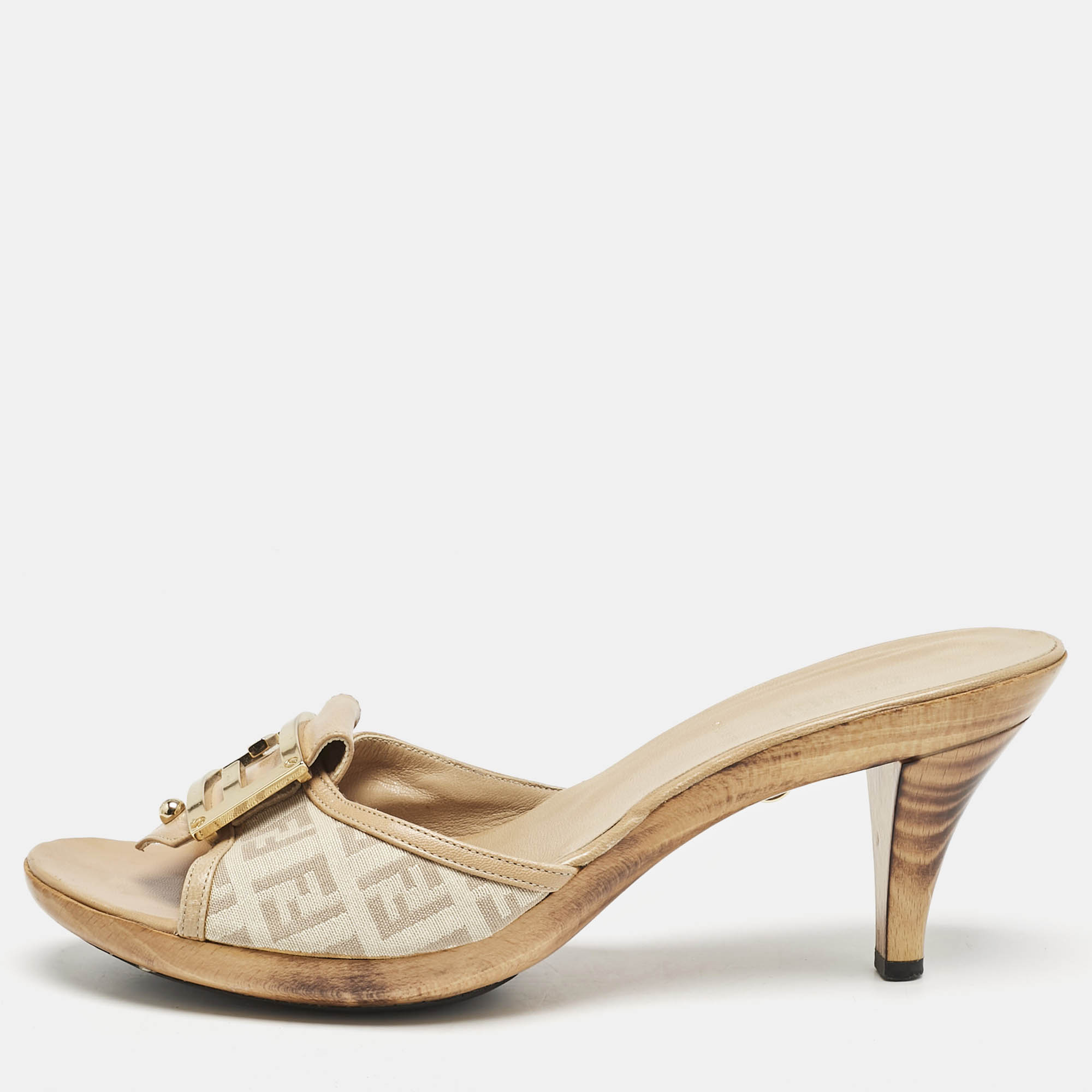 Pre-owned Fendi Beige Zucchino Canvas And Leather Ff Buckle Slide Sandals Size 38.5