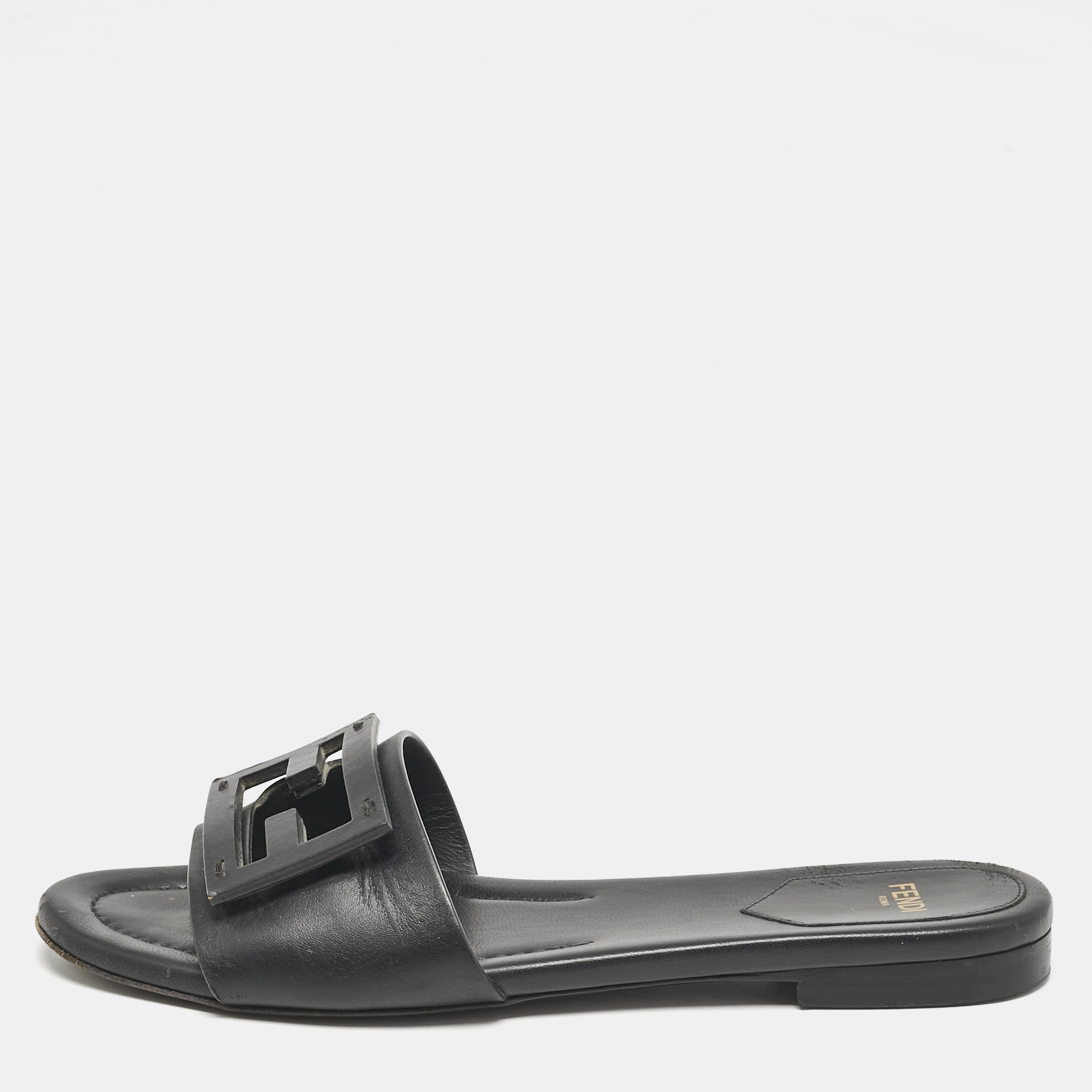 Pre-owned Fendi Black Leather Logo Flat Slides Size 37