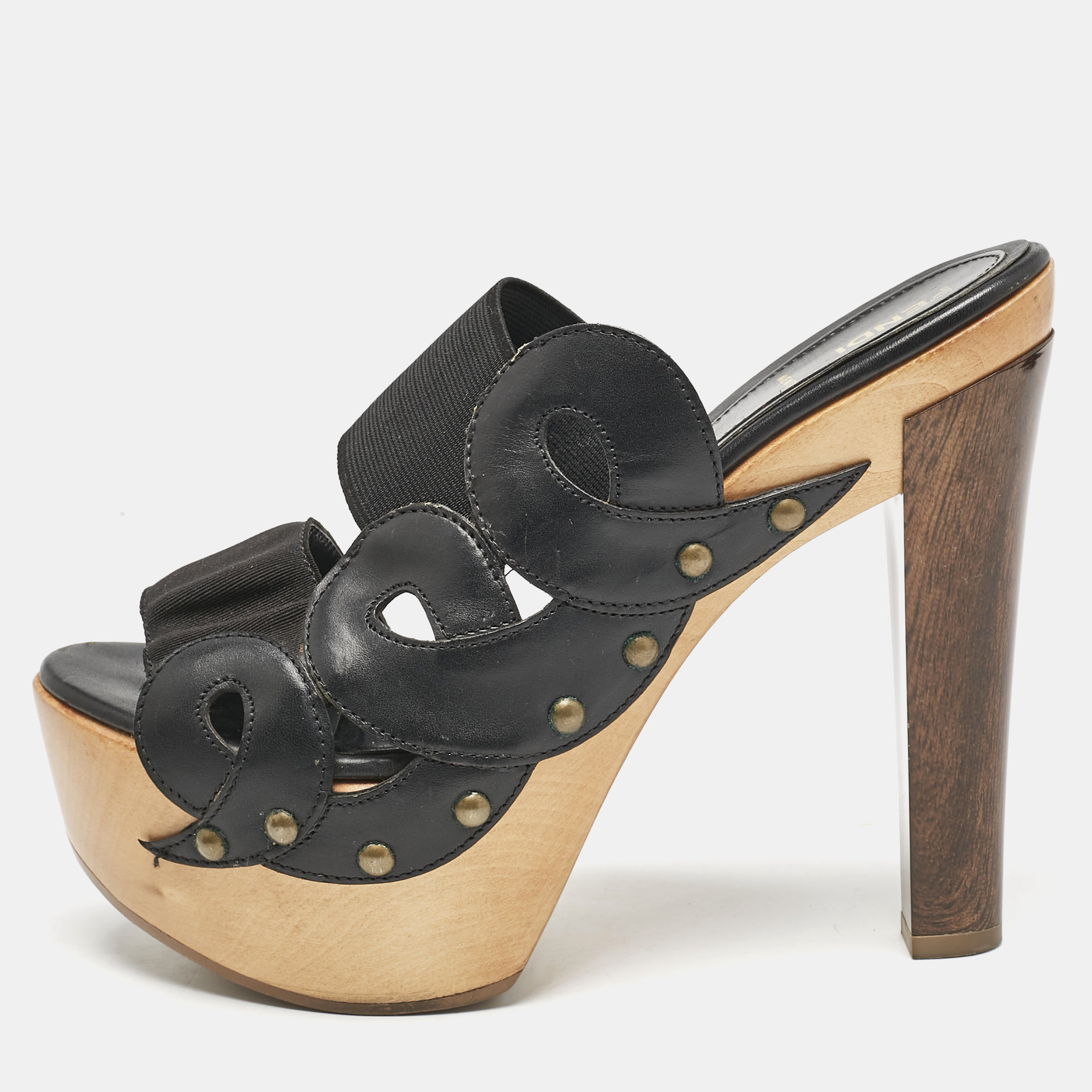Pre-owned Fendi Black Leather And Elastic Wooden Platform Slide Sandals Size 38