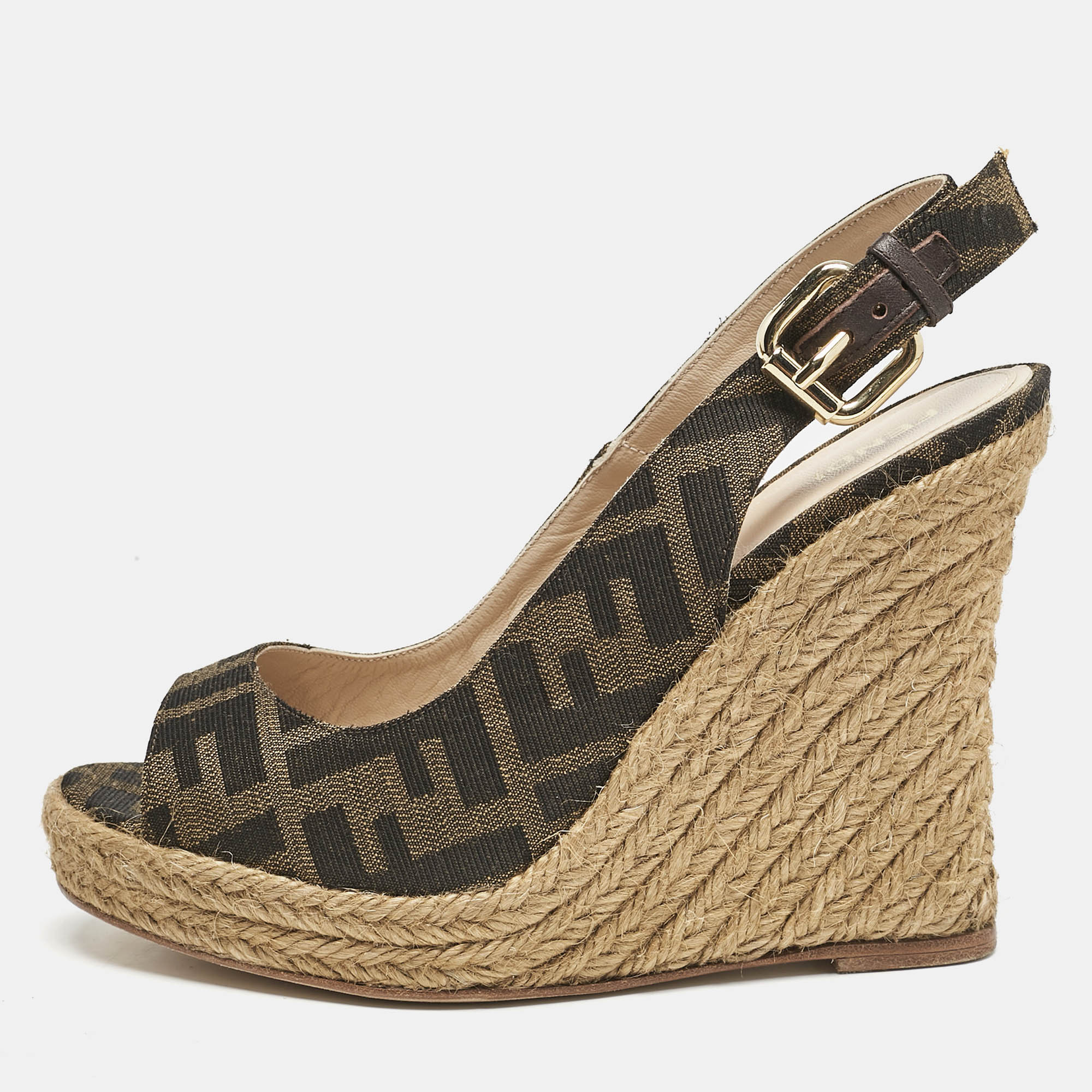 

Fendi Brown Canvas FF Slingback Wedge Sandals Size