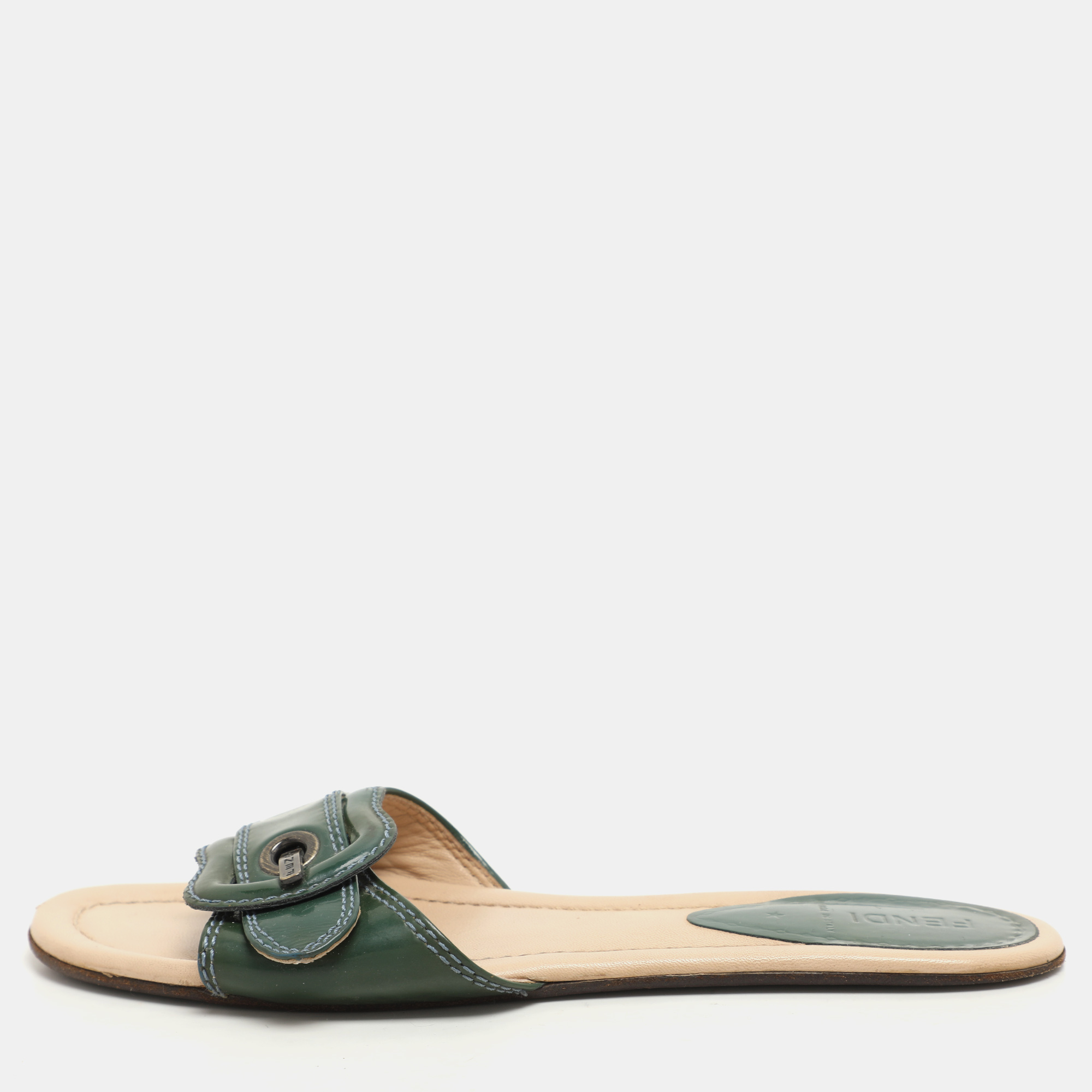 

Fendi Green Patent Leather Buckle Flat Slides Size
