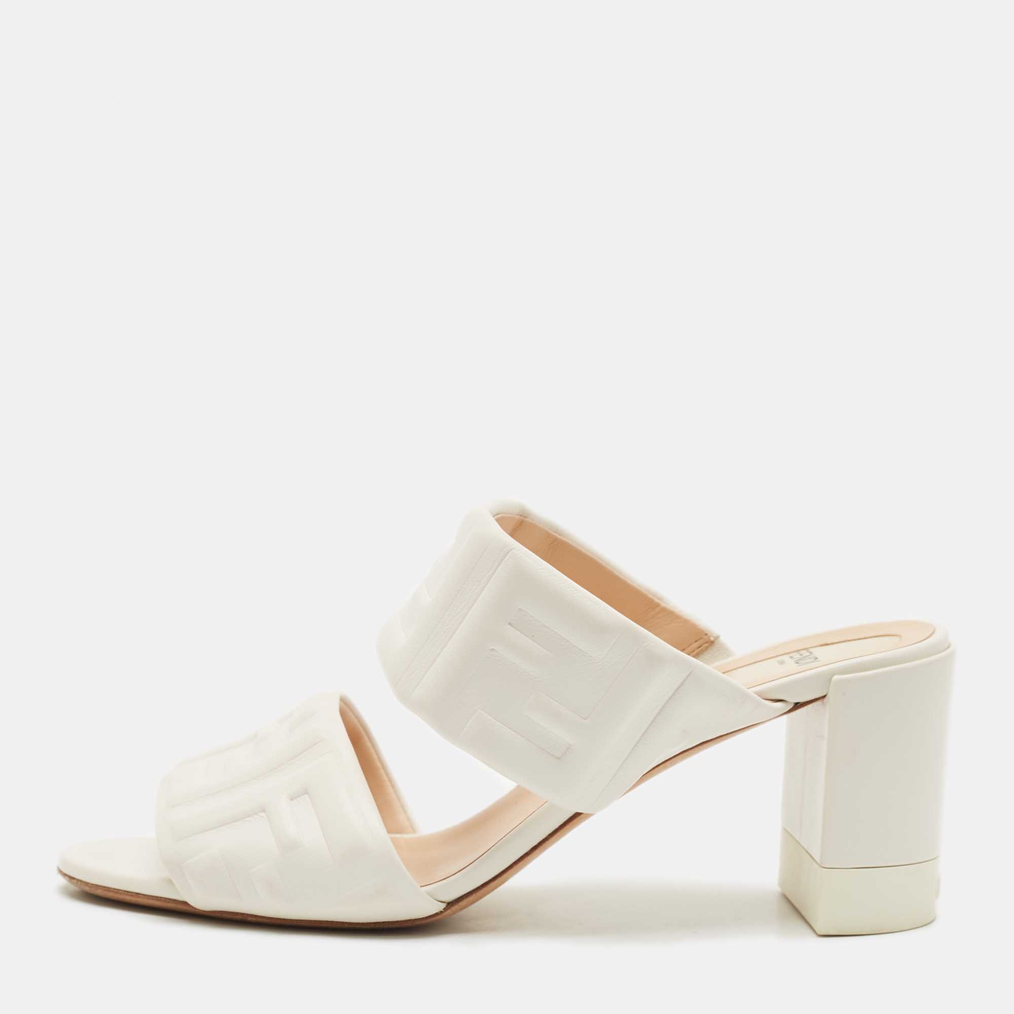 

Fendi White Leather FF Embossed Block Heel Slide Sandals Size