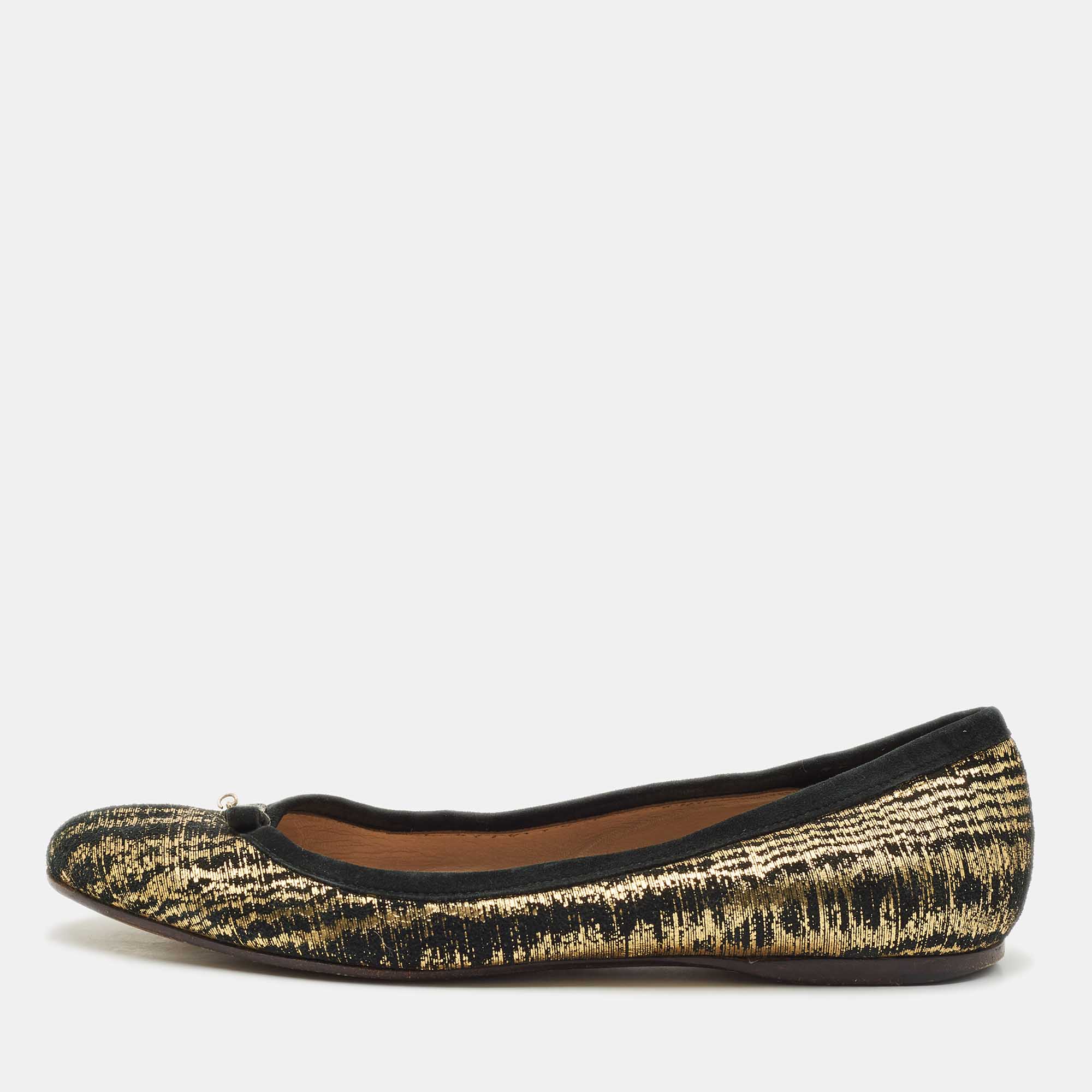 

Fendi Gold/Black Textured Suede FF Charm Ballet Flats Size