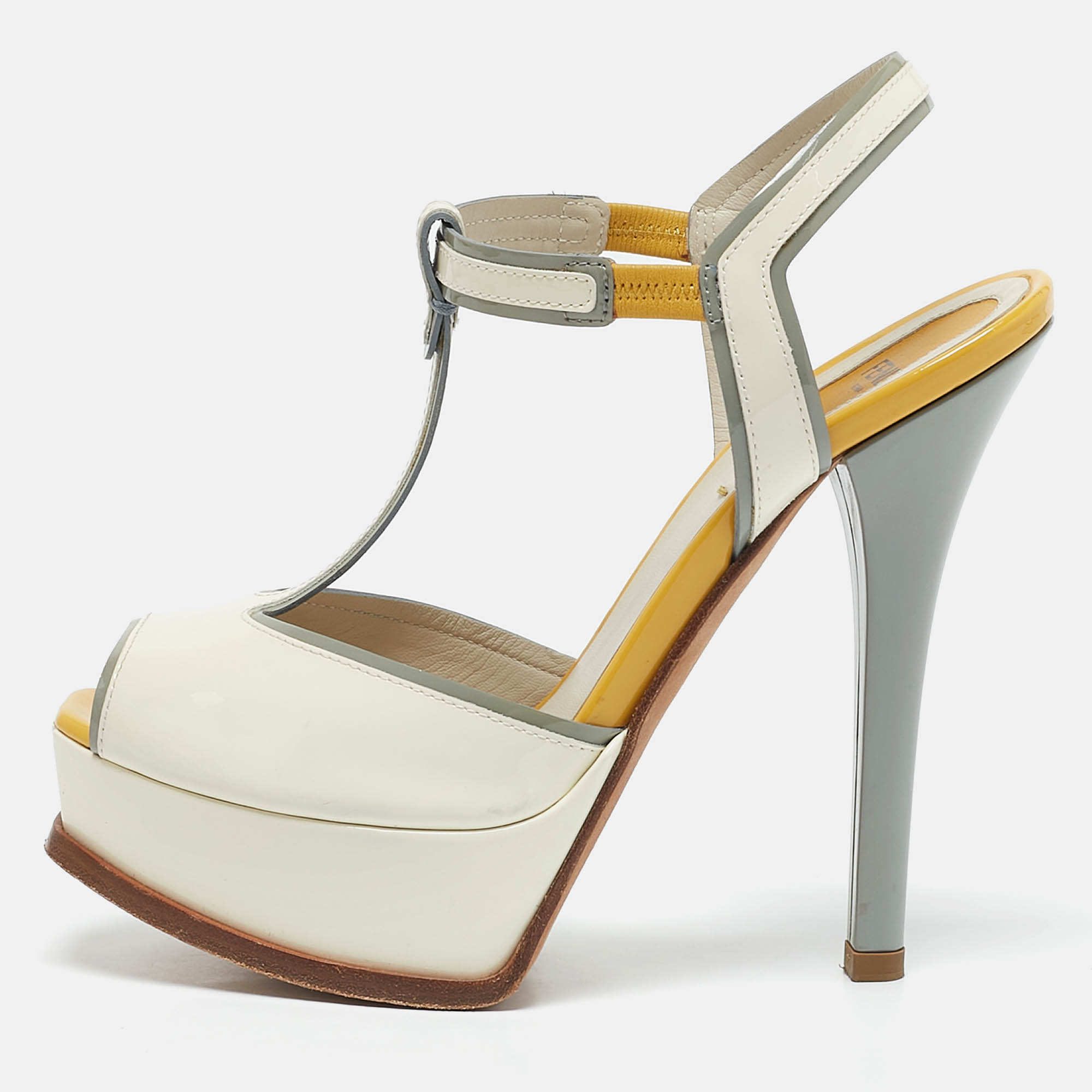 

Fendi White/Yellow Patent Leather Fendista T-Strap Sandals Size