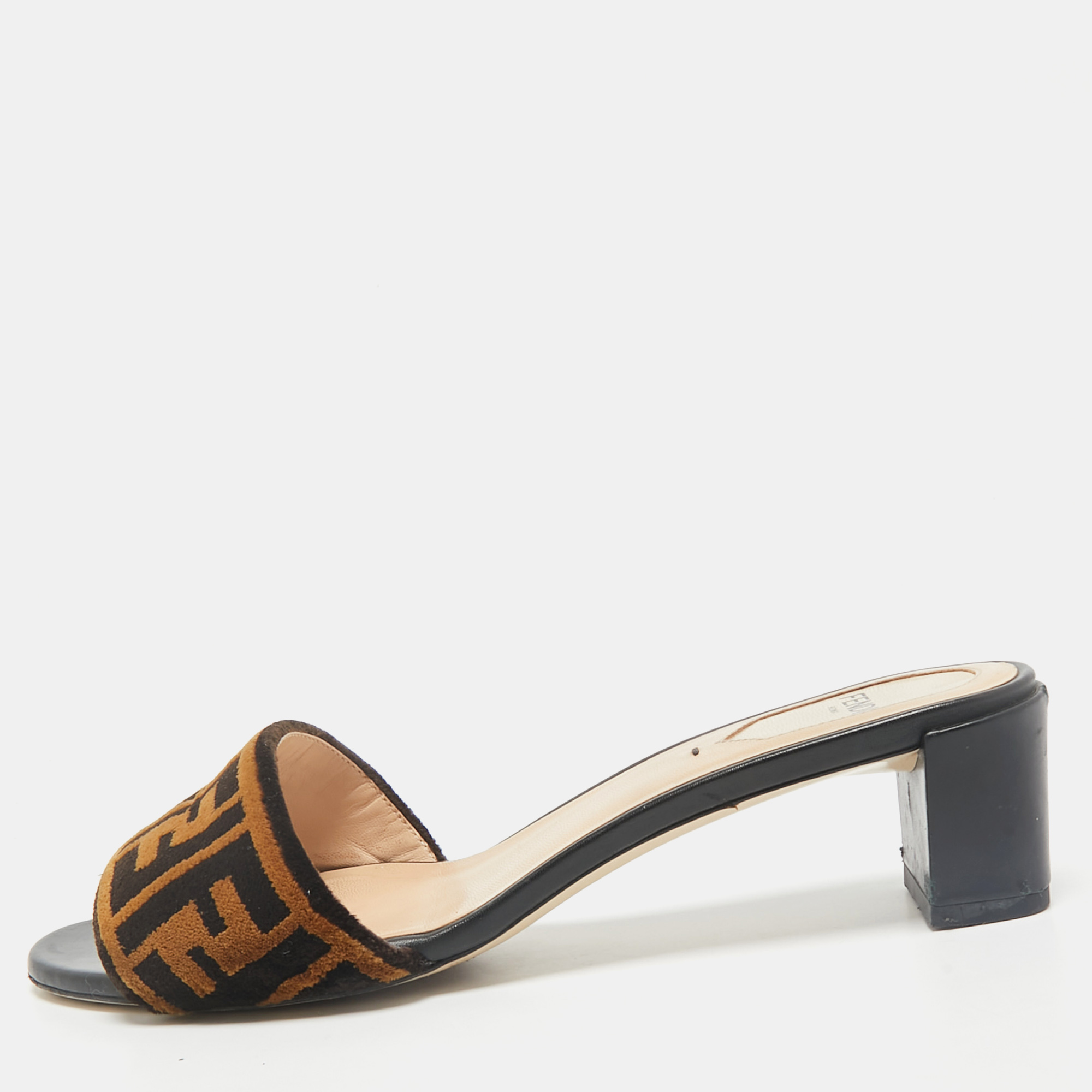

Fendi Brown Zucca Velvet Slide Sandals Size