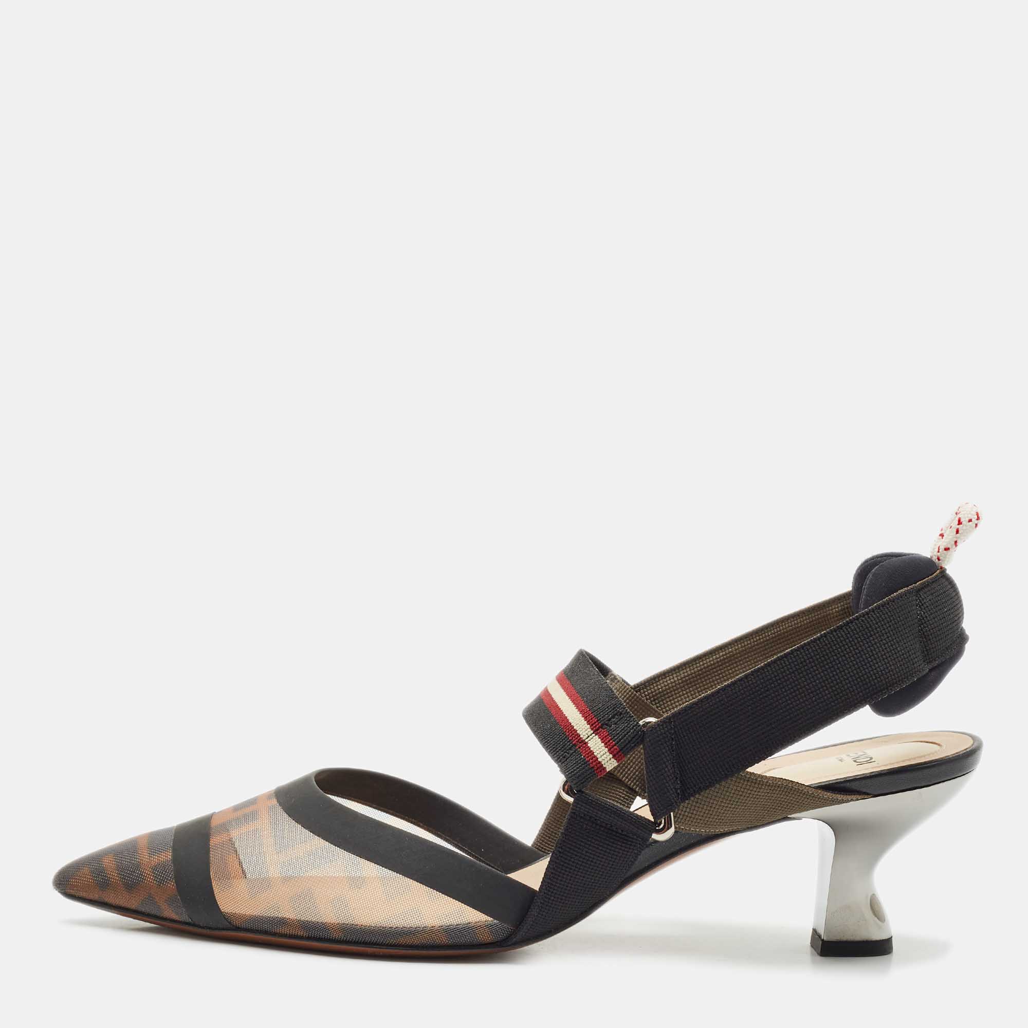 

Fendi Multicolor Canvas and Mesh Colibri Slingback Pumps Size