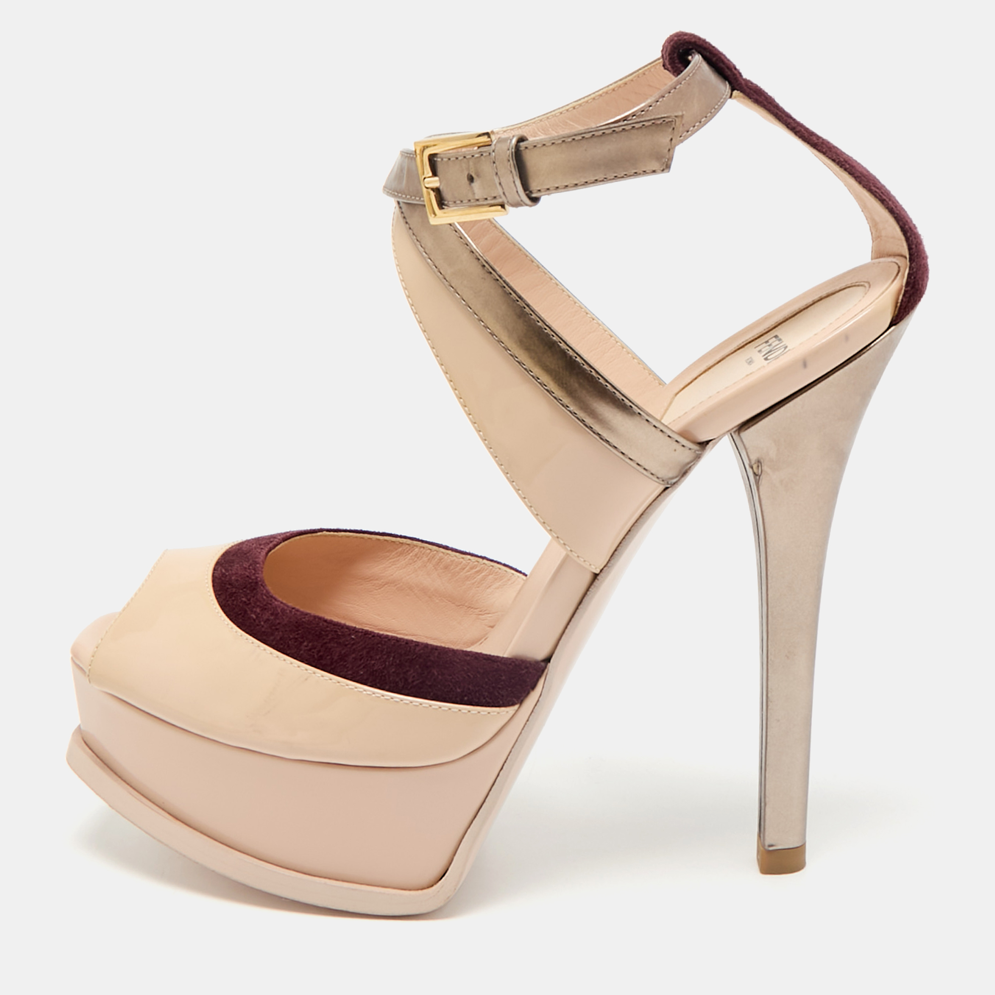 

Fendi Multicolor Patent Leather and Suede Ankle Strap Sandals Size, Beige