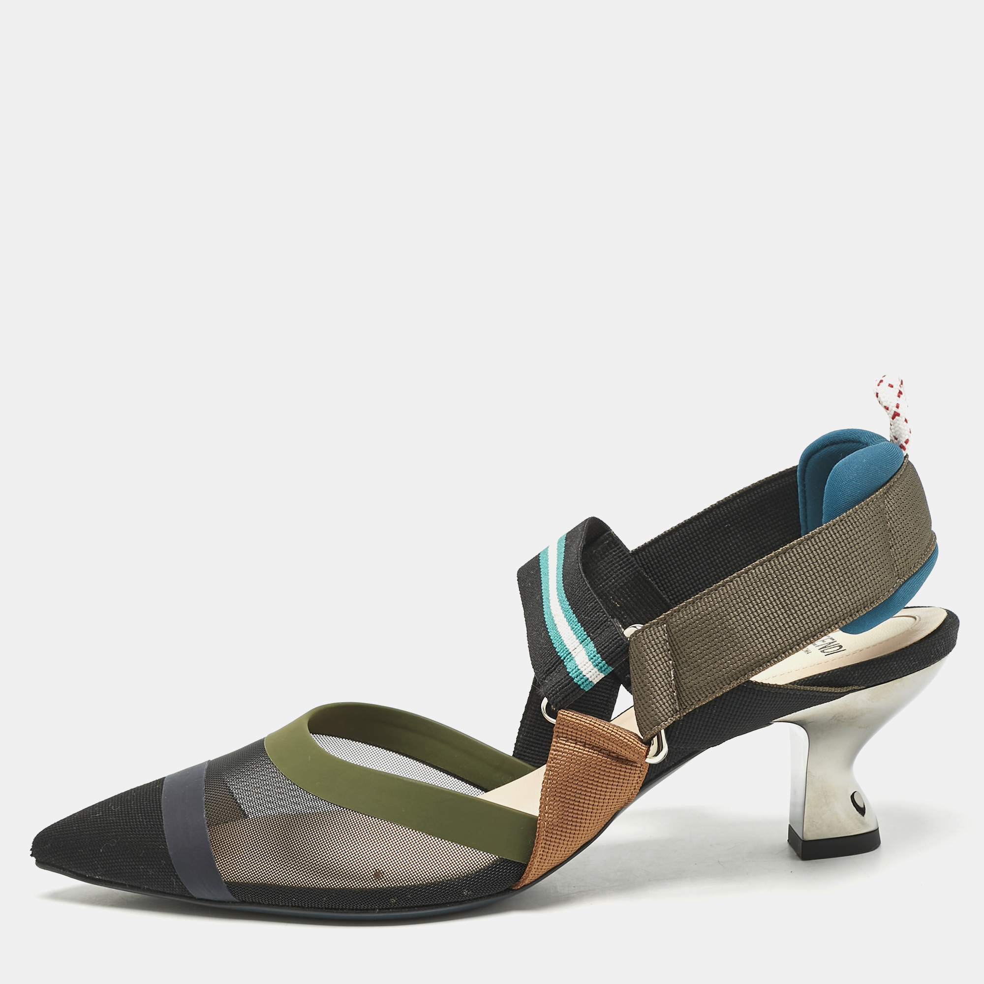 

Fendi Multicolor Mesh and Canvas Colibri Slingback Pumps Size