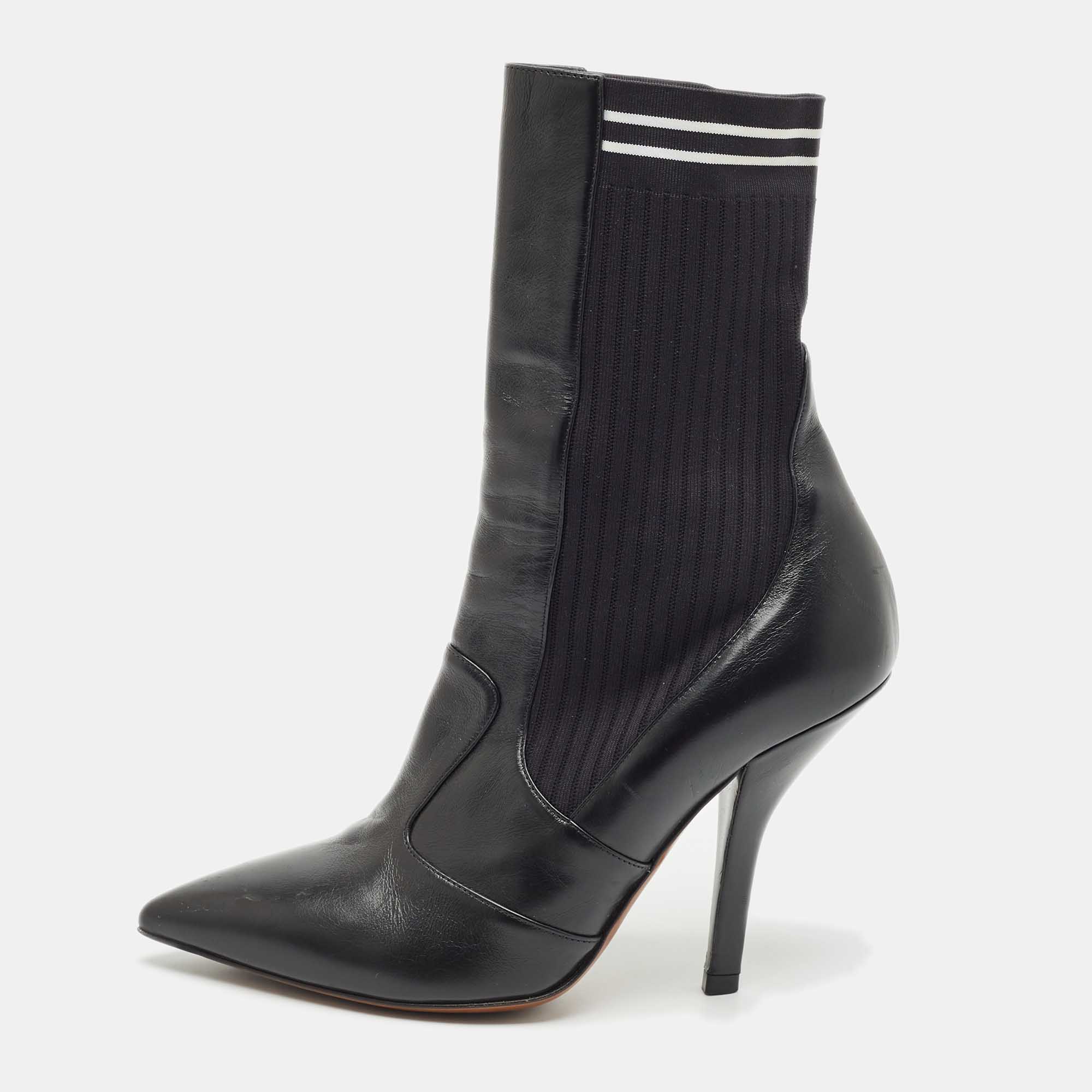 

Fendi Black Leather And Stretch Knit Fabric Rockoko Ankle Boots Size