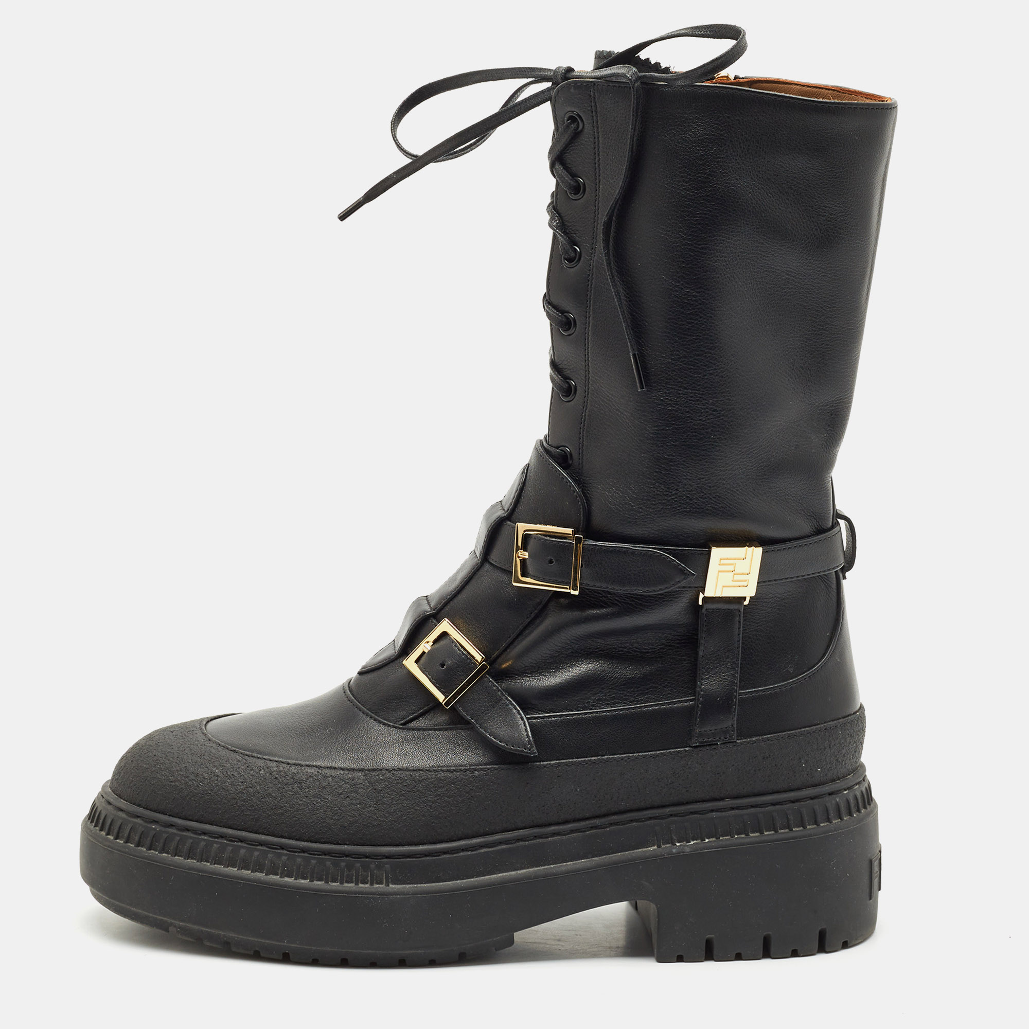 

Fendi Black Leather Delfina Biker Boots Size
