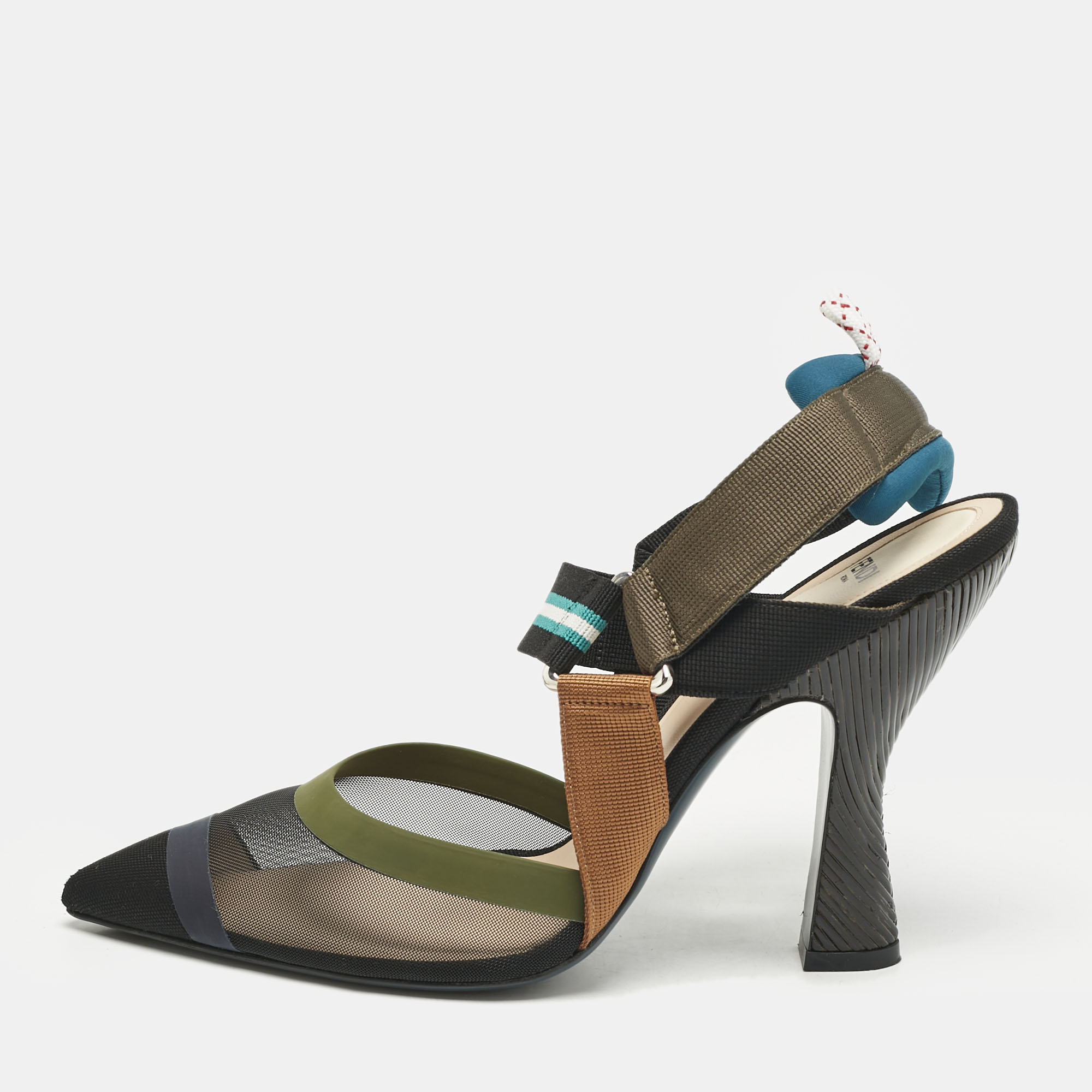 

Fendi Multicolor Canvas and Mesh Colibri Slingback Pumps Size