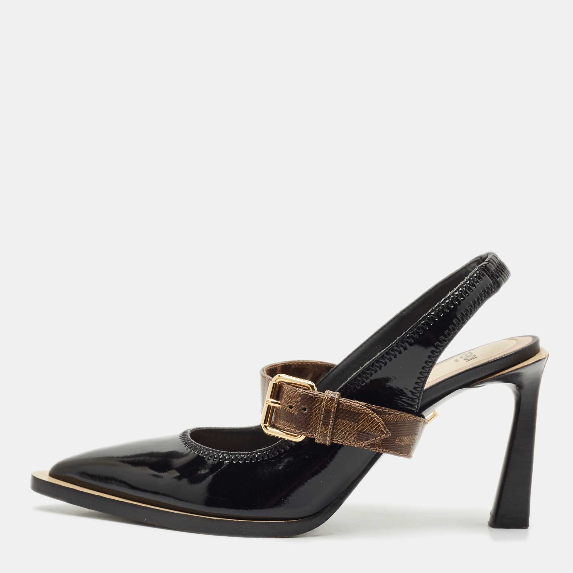 

Fendi Black Patent Leather fframe Slingback Pumps Size