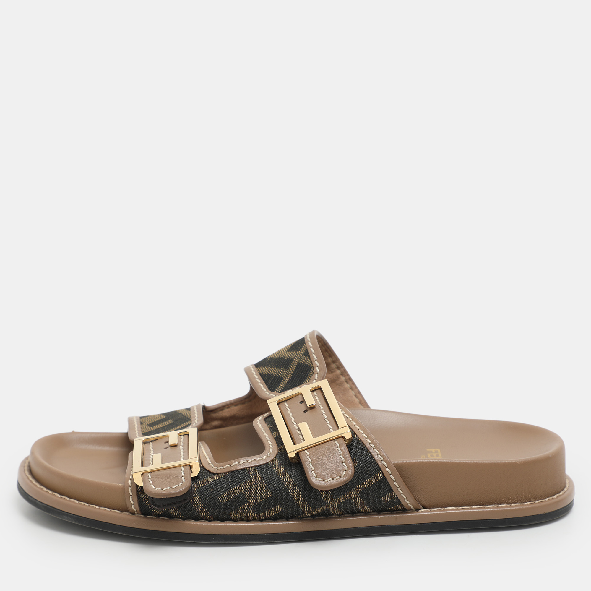 

Fendi Brown/Beige Zucca Canvas and Leather FF Buckle Flat Slides Size