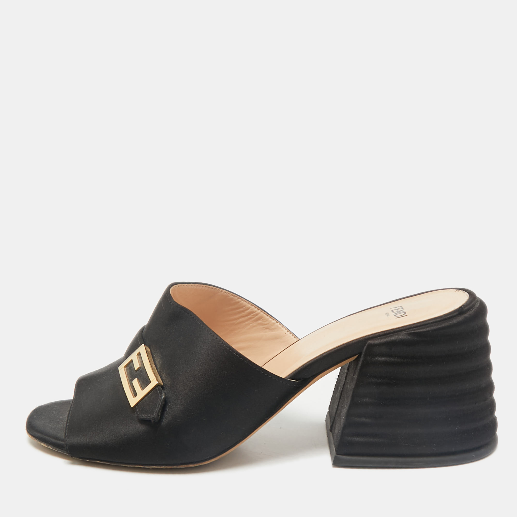 

Fendi Black Satin FF Buckle Block Heel Slide Sandals Size