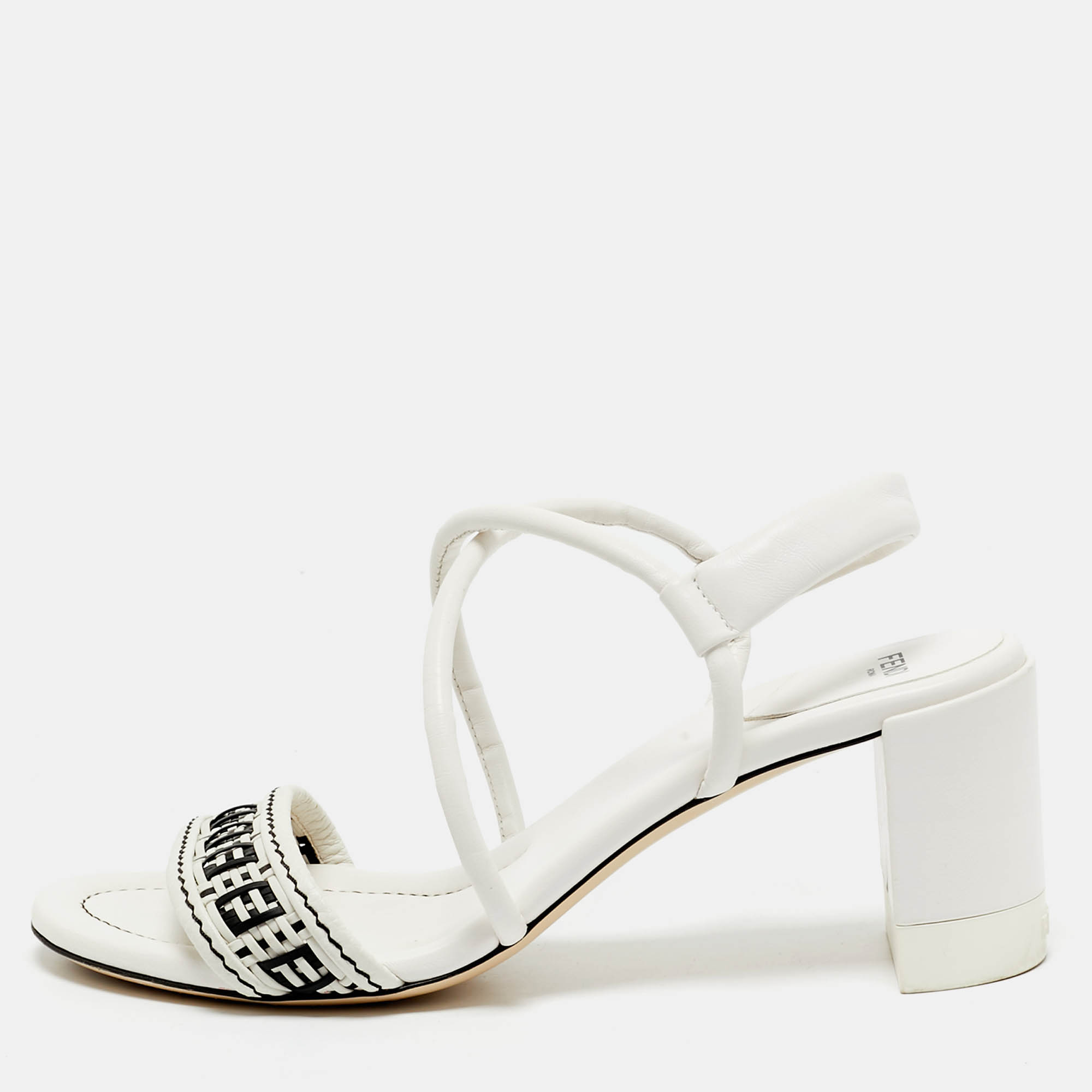 

Fendi White/Black Leather Block Heel Ankle Strap Sandals Size
