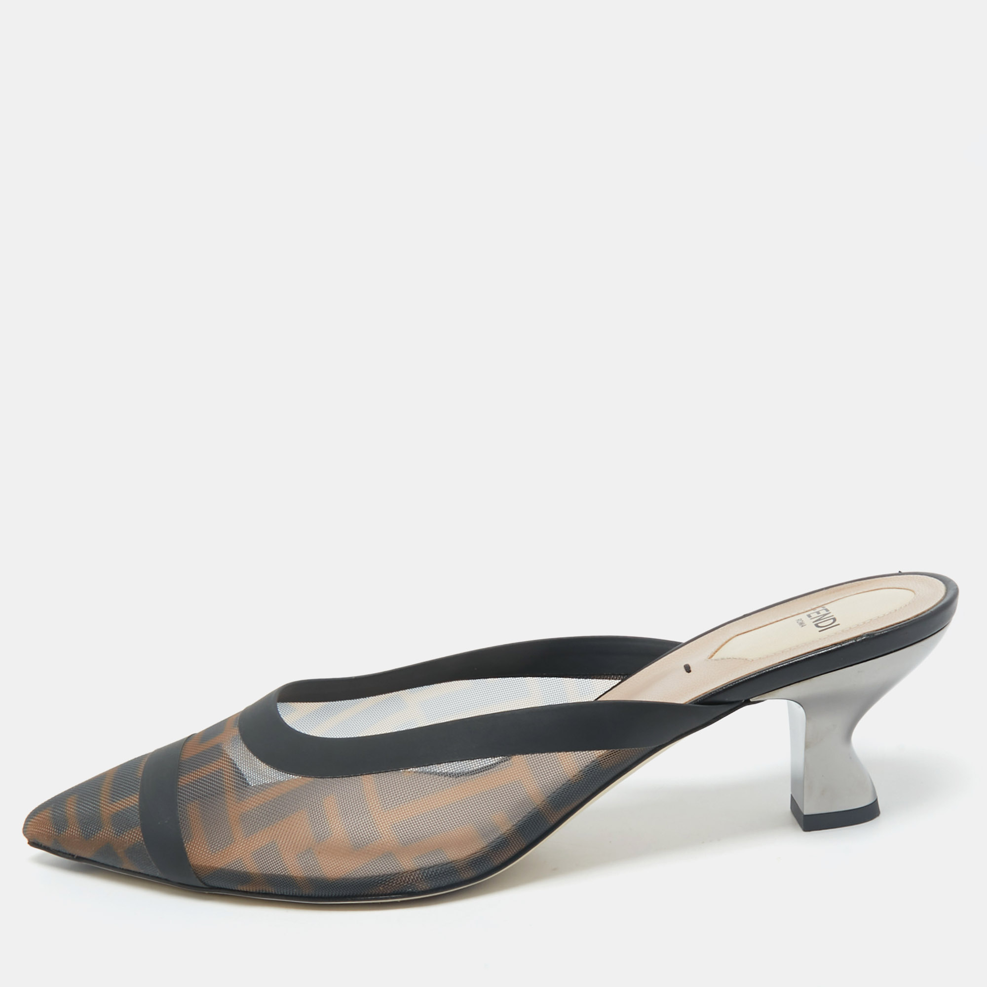 

Fendi Black/Brown Zucca Mesh Colibri Heel Mules Size