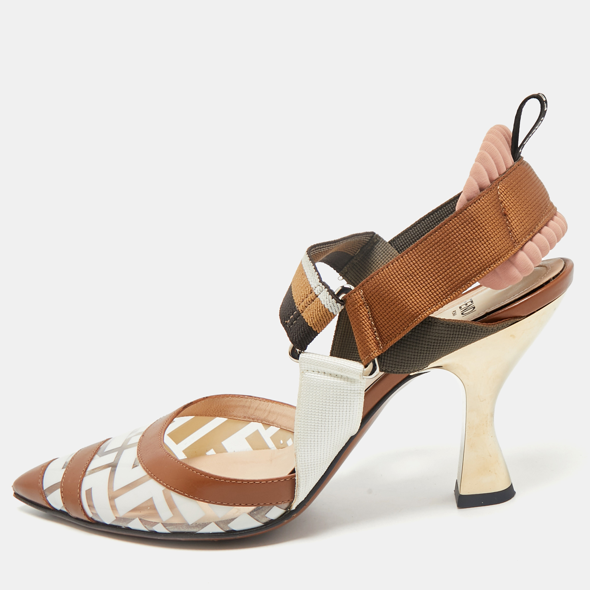 

Fendi Brown/White Zucca PVC and Fabric Colibri Slingback Pumps Size