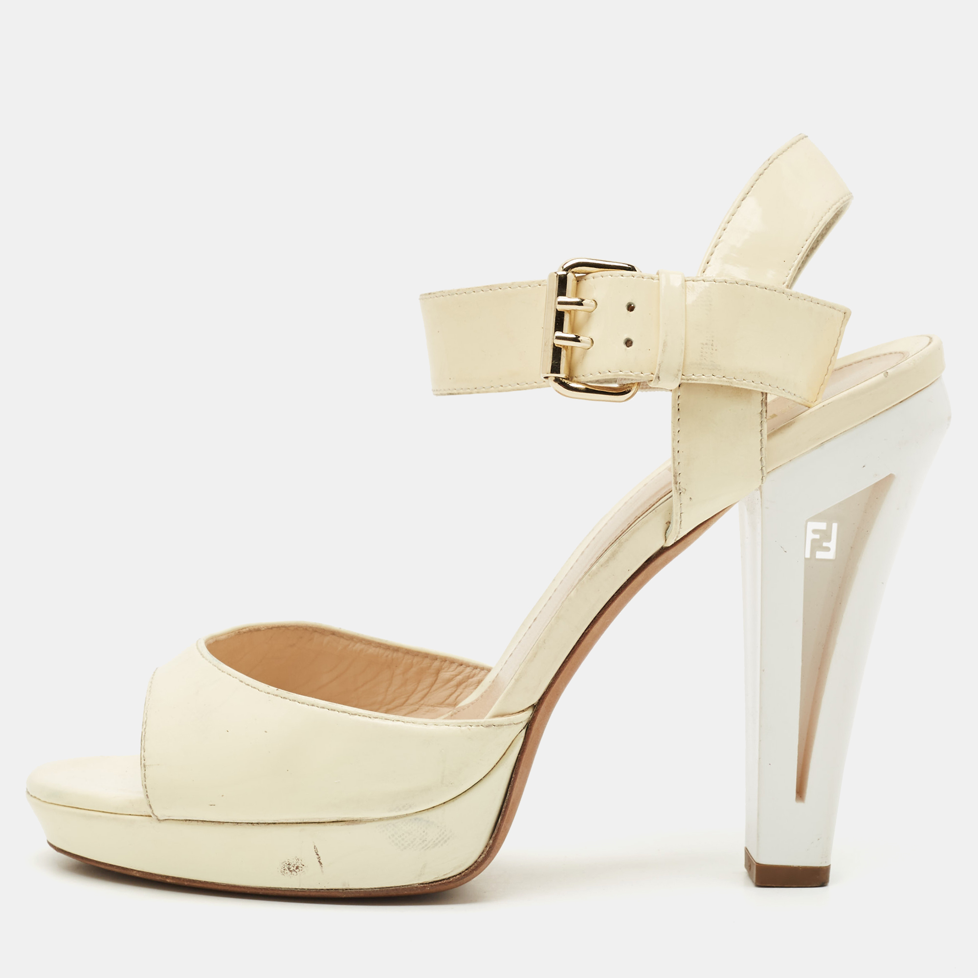 

Fendi Beige/White Patent Leather Open Toe Ankle Strap Sandals Size, Cream