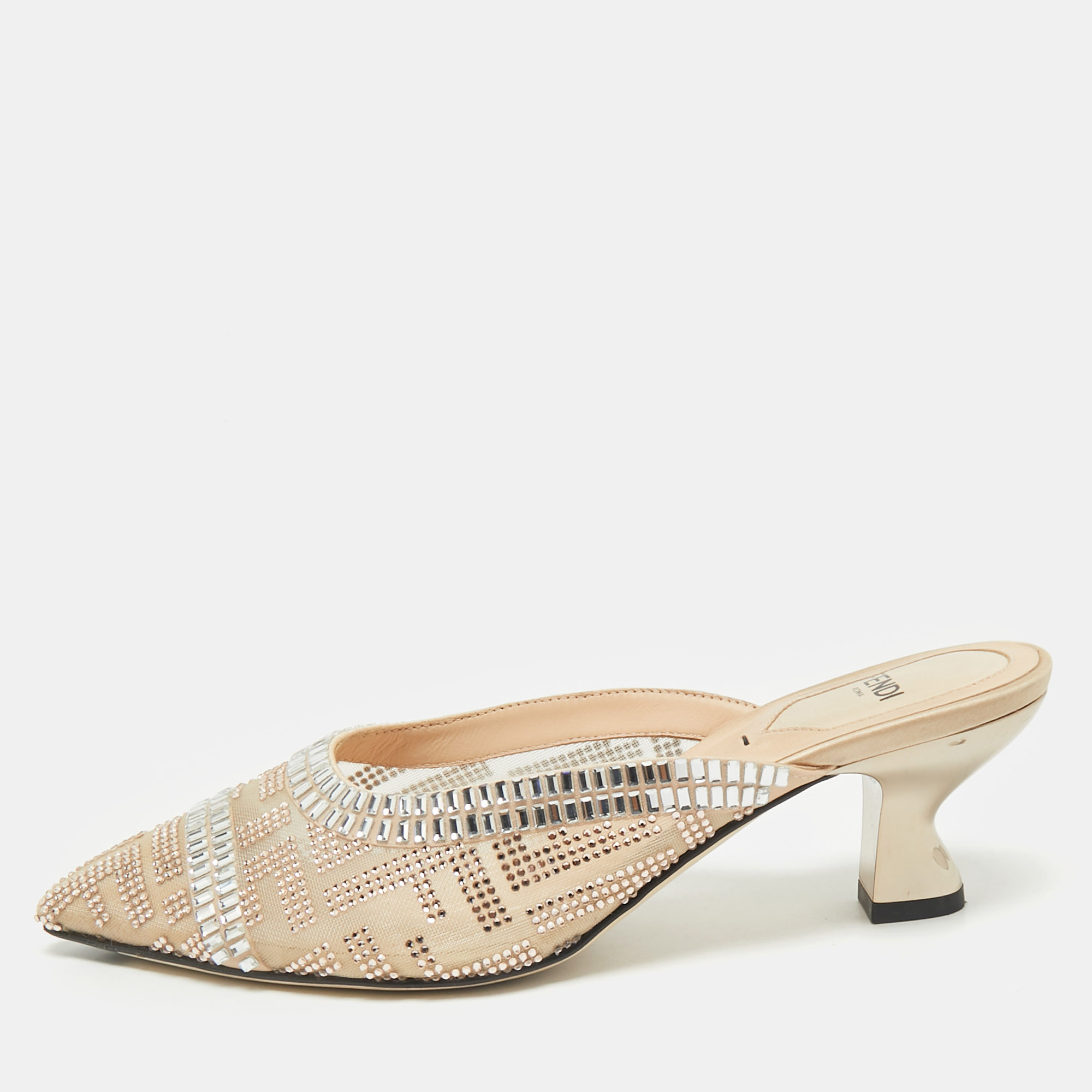 

Fendi Beige Mesh Crystal Embellished Colibri Heel Mules Size