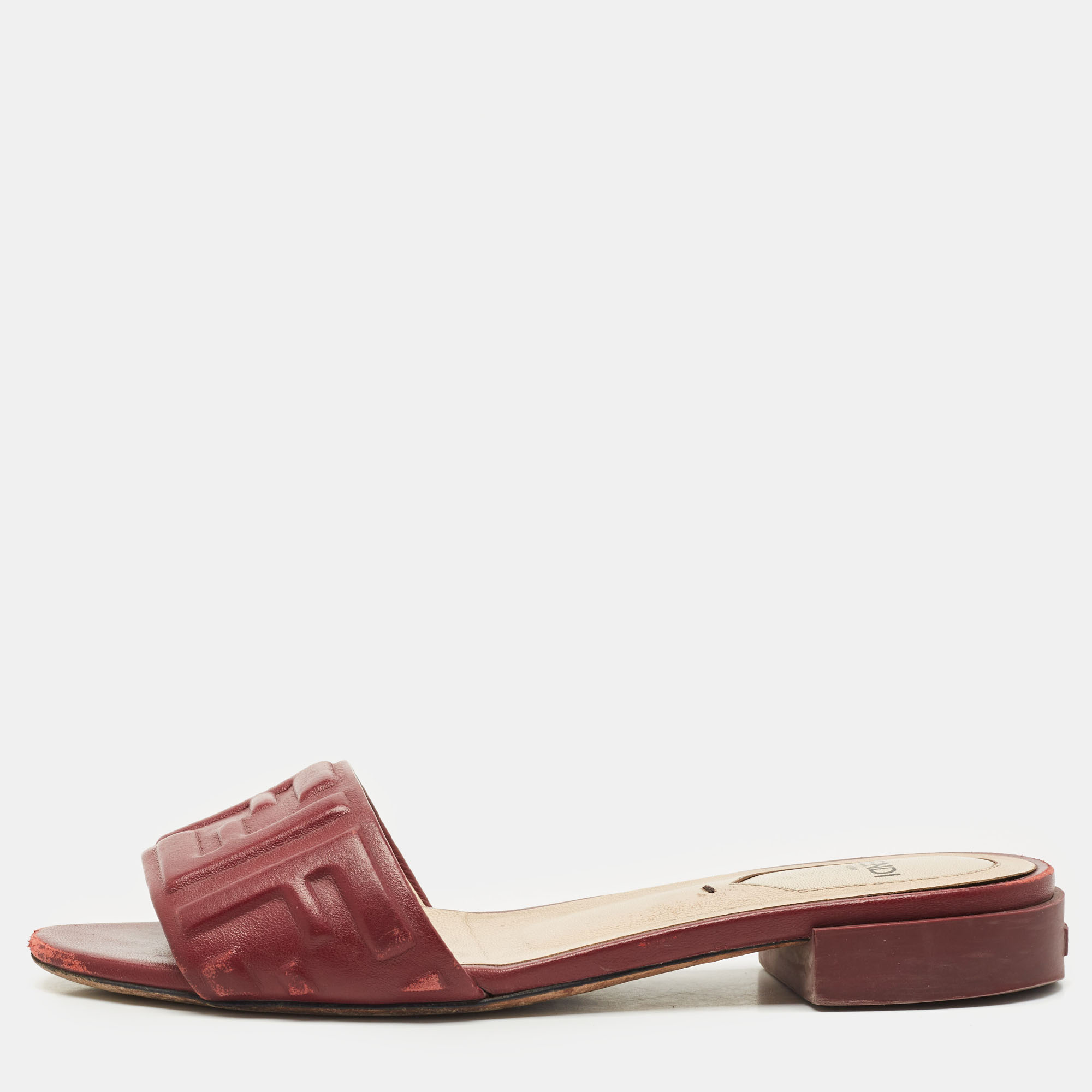 

Fendi Burgundy FF Embossed Leather Slide Sandals Size
