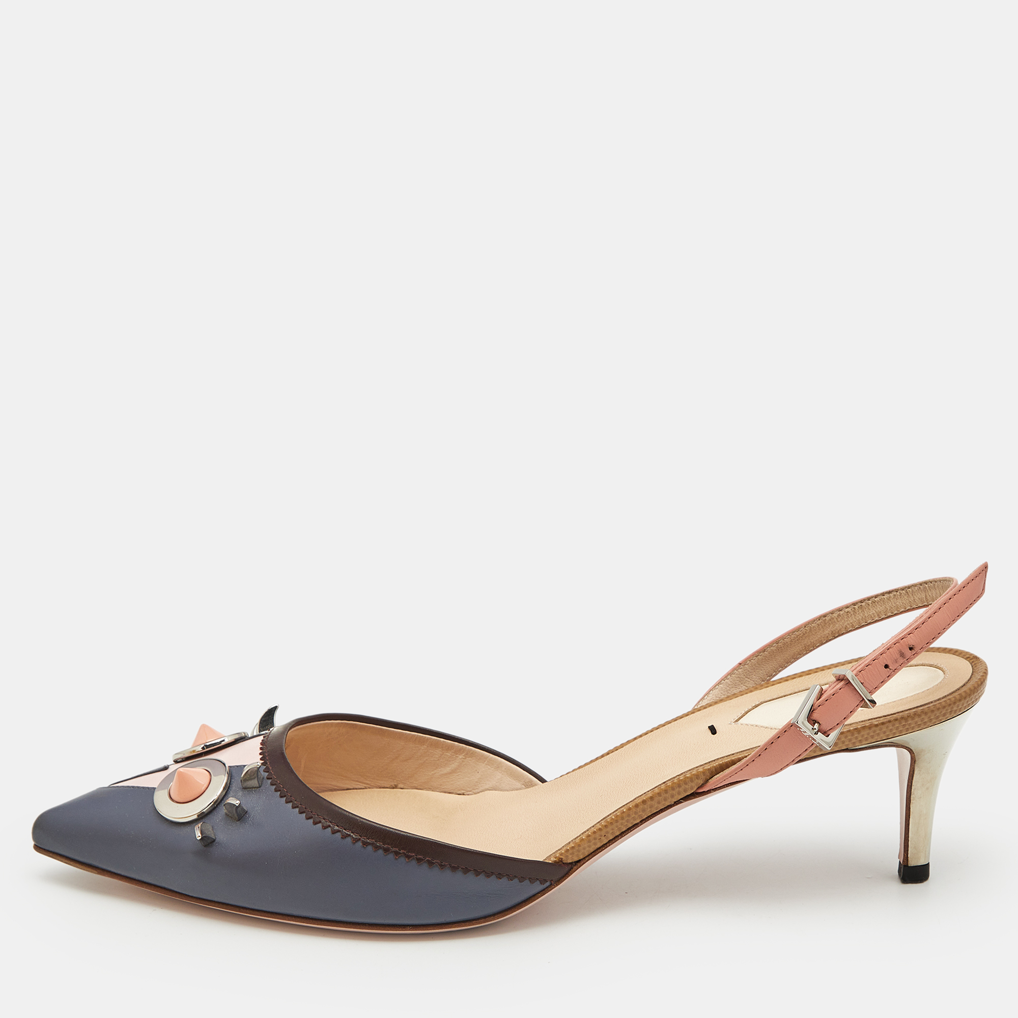 

Fendi Multicolor Leather Studded Monster Slingback Sandals Size