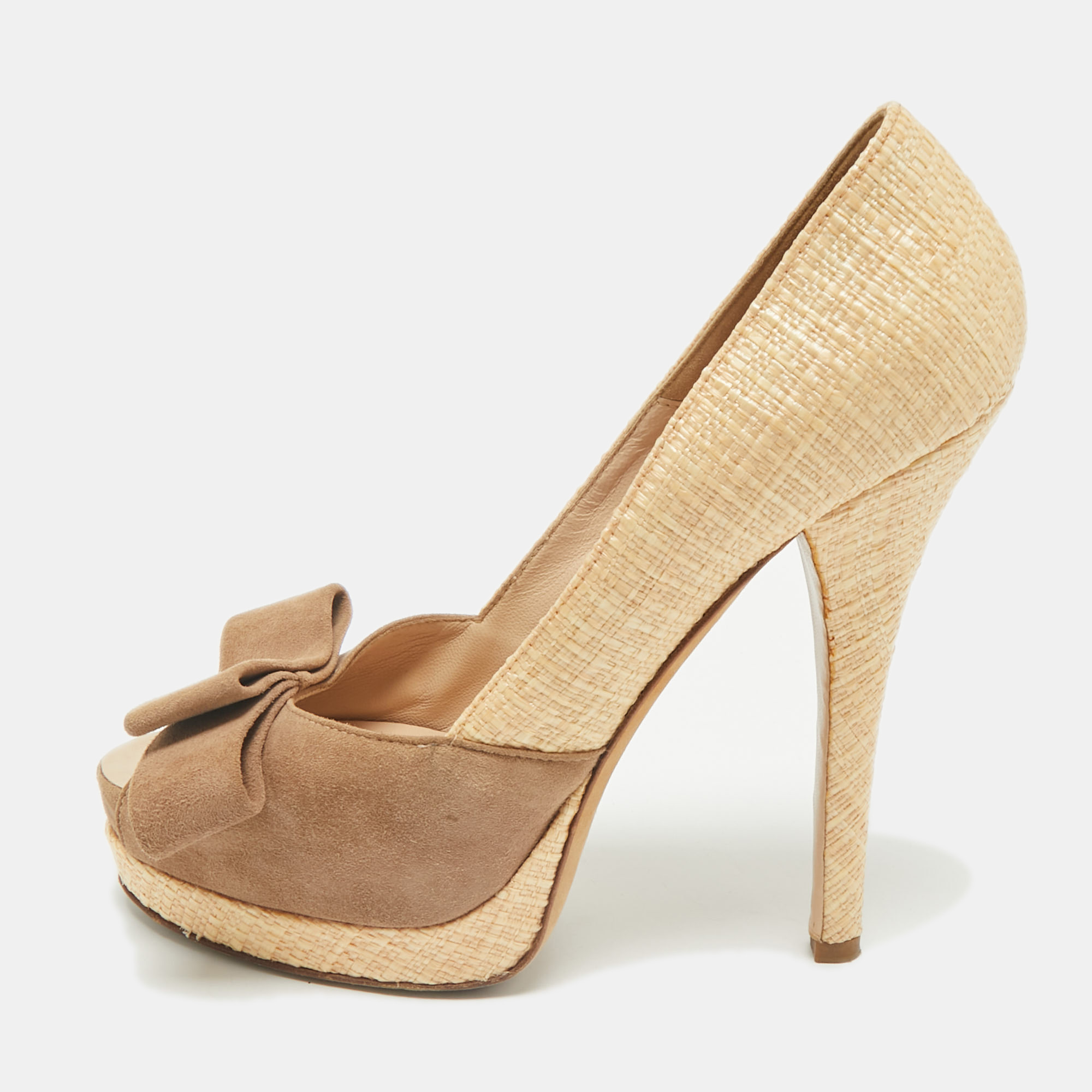 Pre-owned Fendi Beige/brown Suede And Jute Bow Detail Peep Toe Platform Pumps Size 39