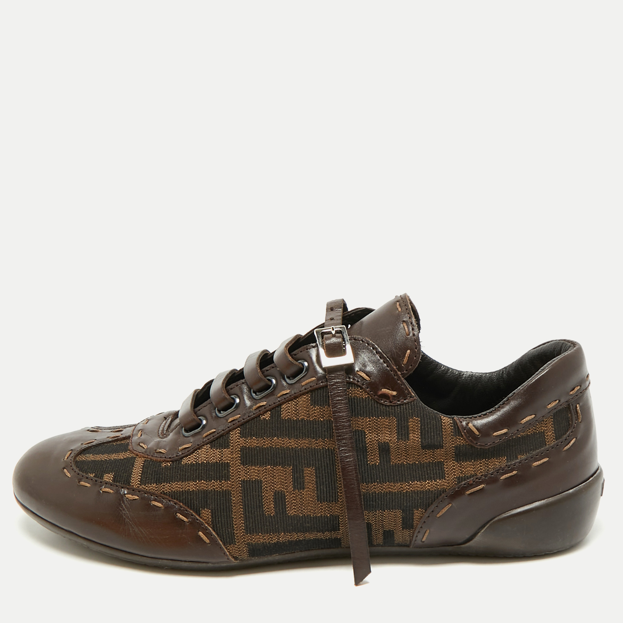 

Fendi Brown Zucca Canvas and Leather Low Top Sneakers Size