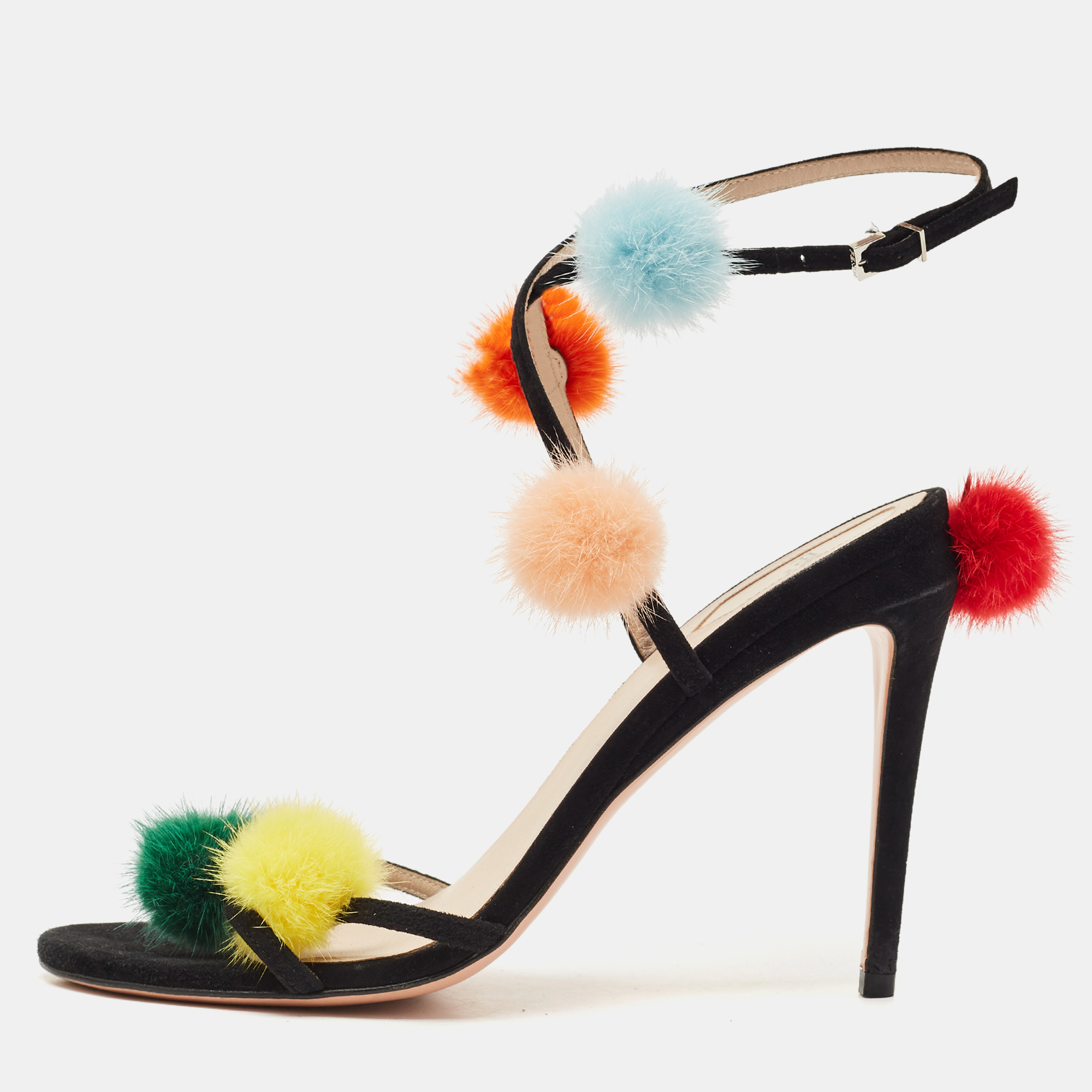 Pre-owned Fendi Multicolor Suede And Fur Pompoms B Ankle Strap Sandals Size 40