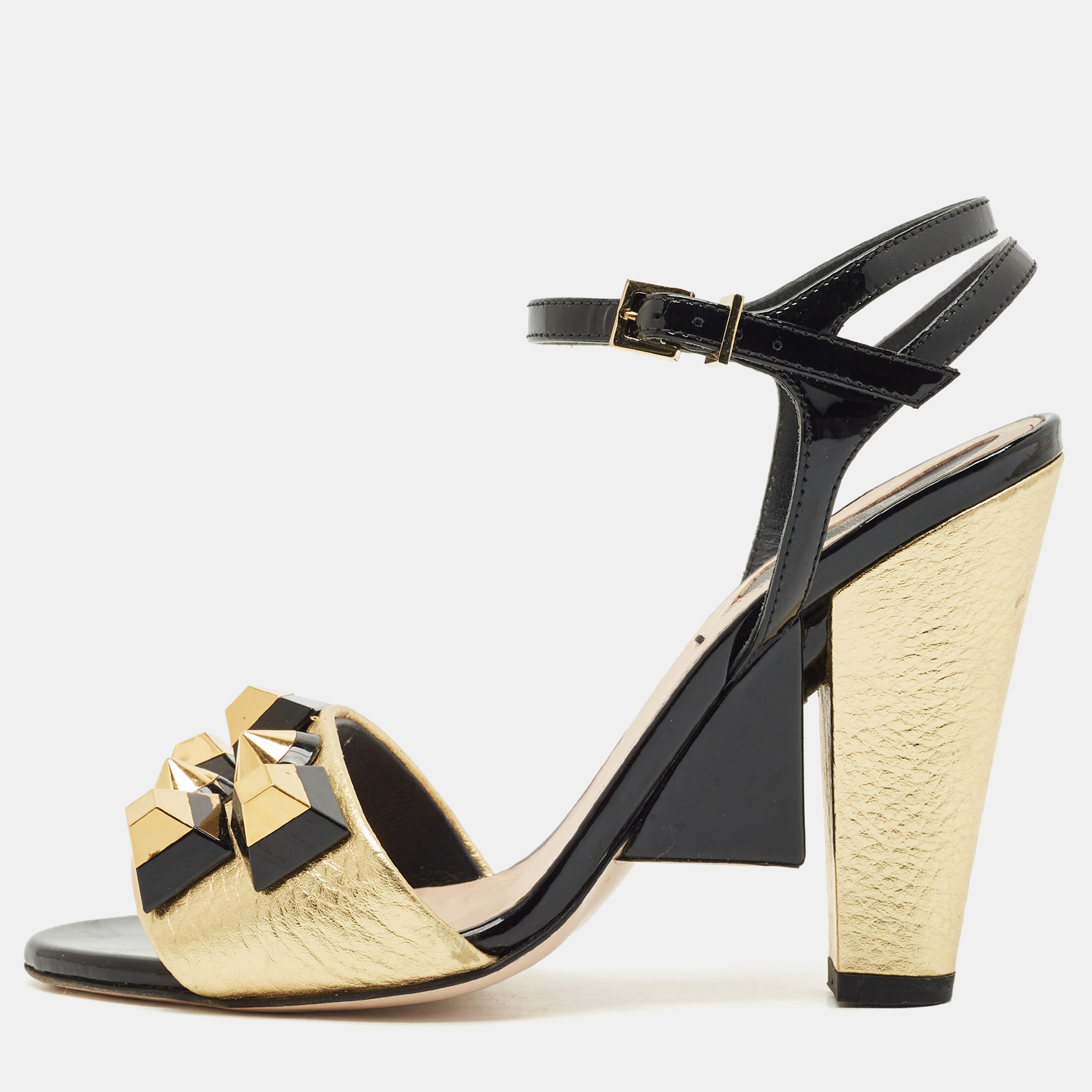 

Fendi Gold/Black Leather and Patent Studded Ankle Strap Sandals Size