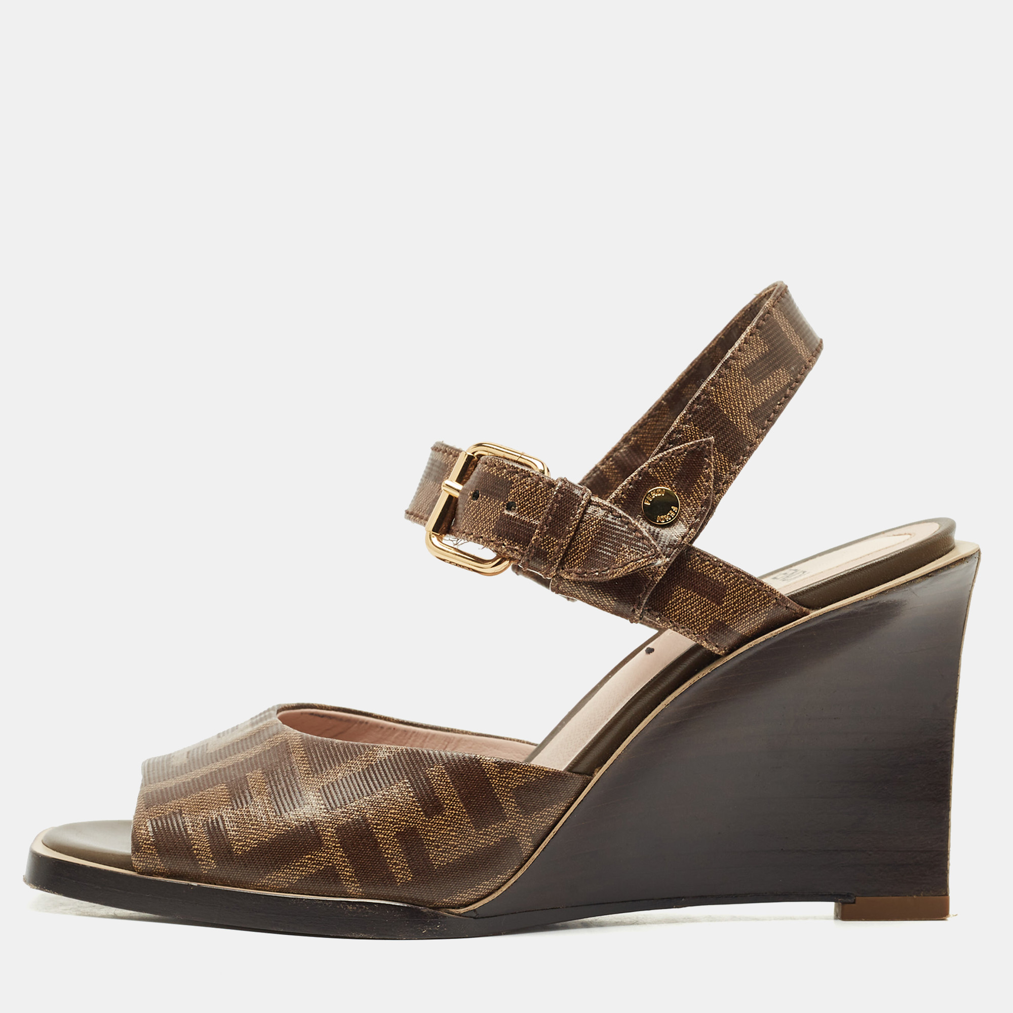 

Fendi Brown Zucca Coated Canvas Motif Logo Wedge Ankle Strap Sandals Size