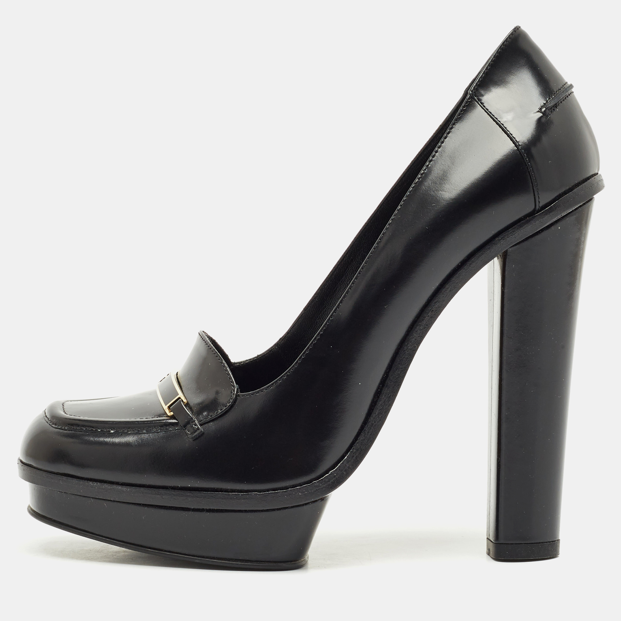

Fendi Black Leather Logo Loafer Platform Pumps Size