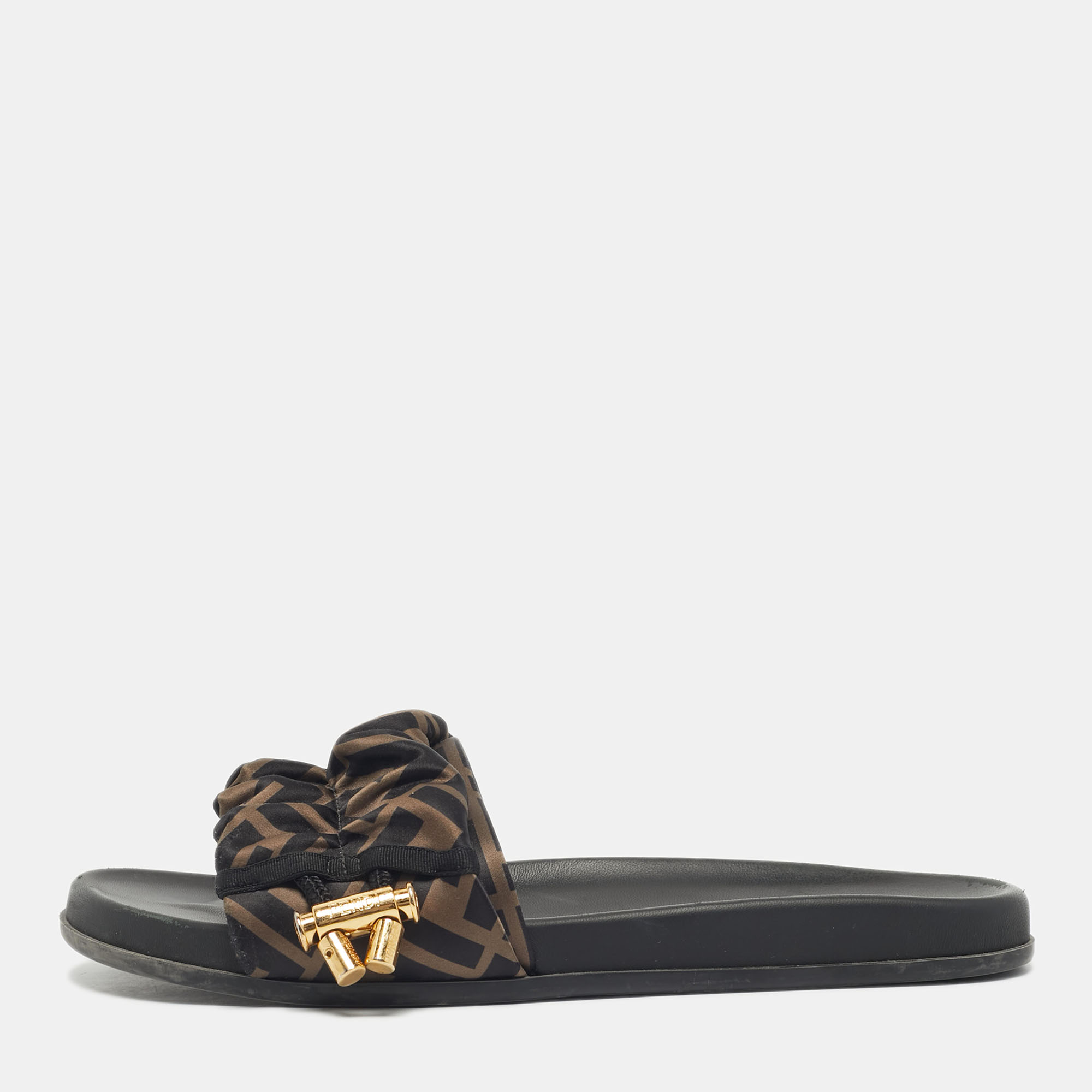 

Fendi Black/Green Satin FF Logo Flat Slides Size