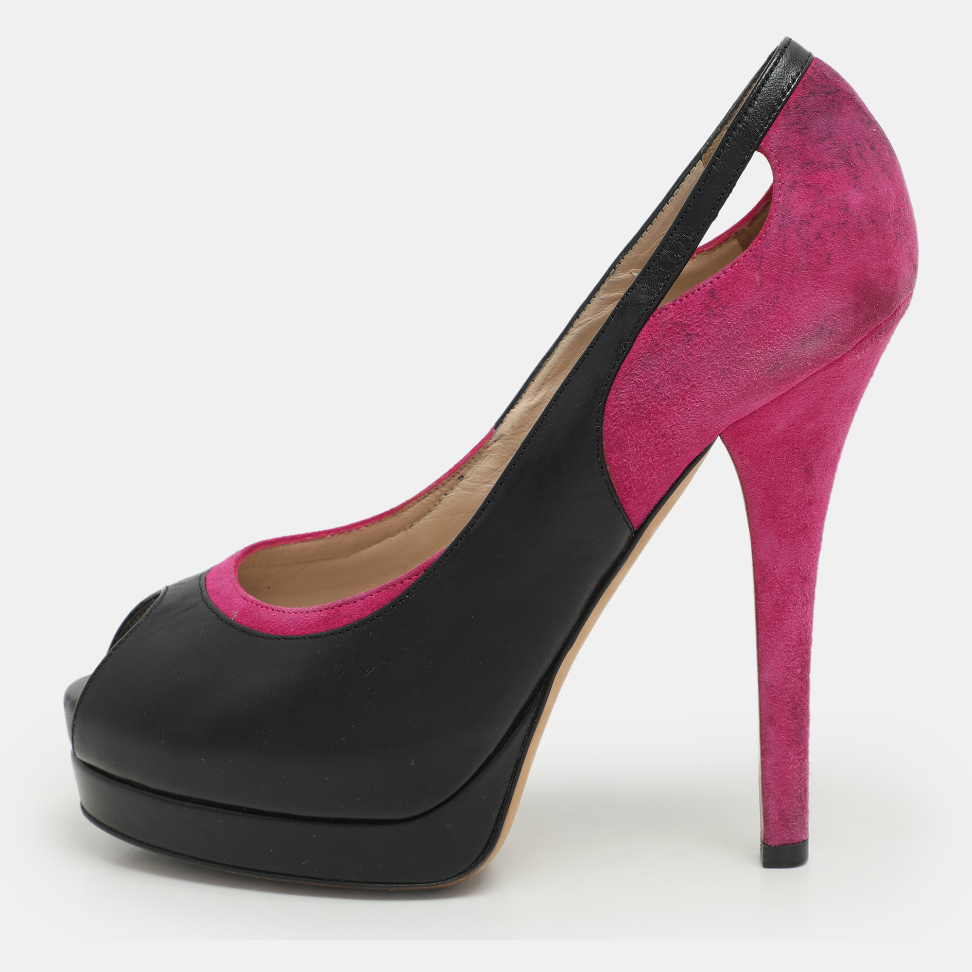 Pre-owned Fendi Pink/black Suede And Leather Cutout Peep Toe Platform Pumps Size 38