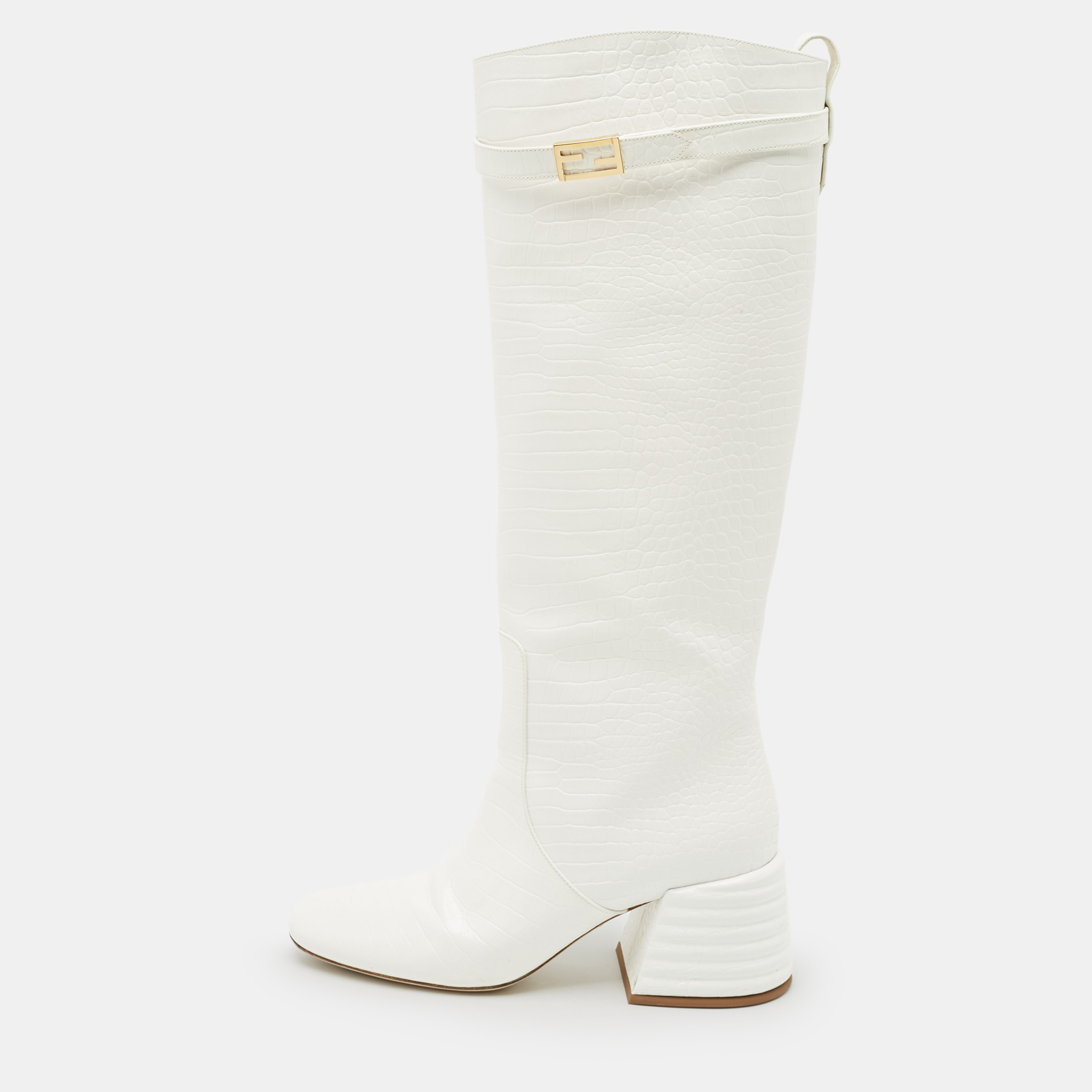 

Fendi Off White Croc Embossed Leather Knee Length Boots Size
