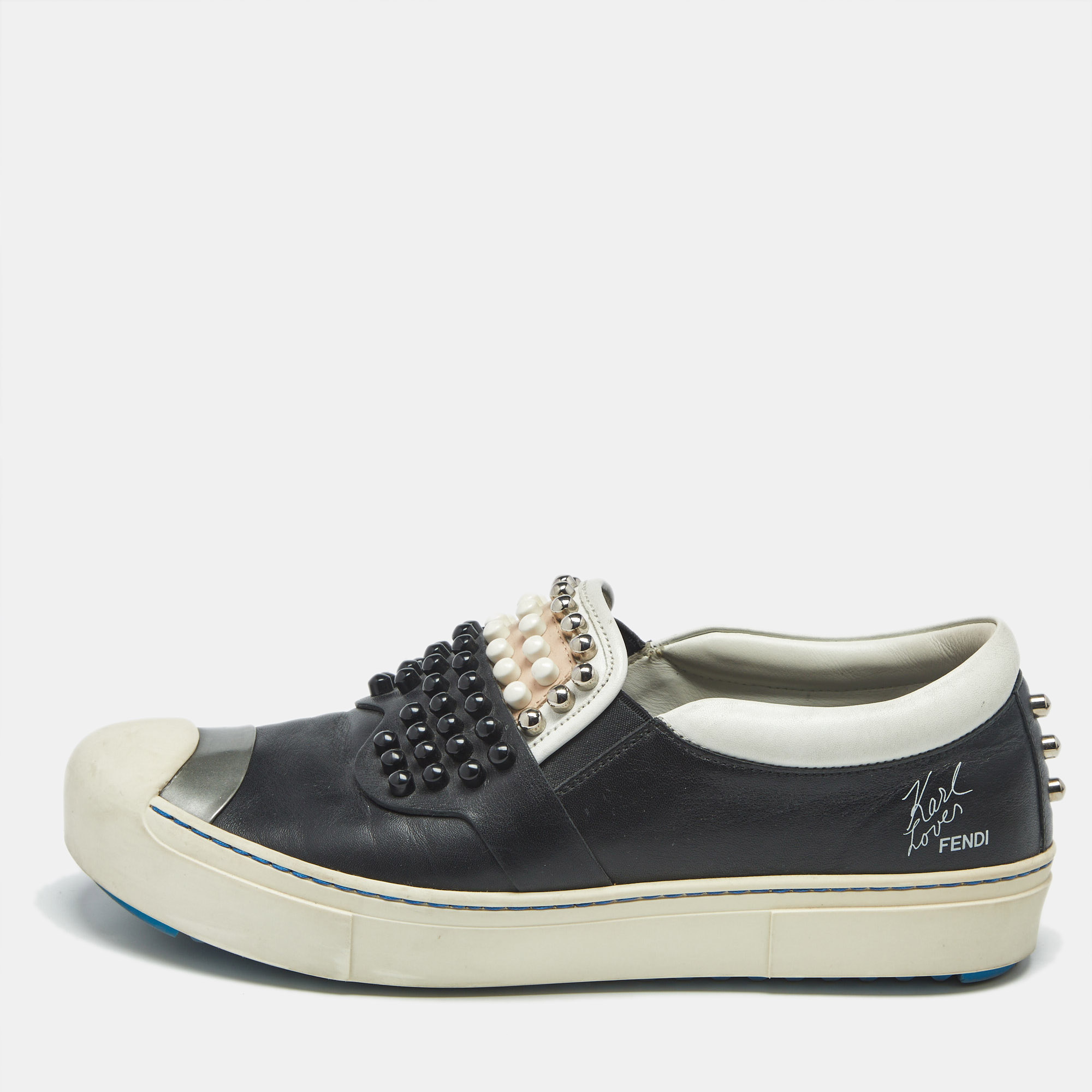 

Fendi Multicolor Leather Studded Karlito Slip On Sneakers Size